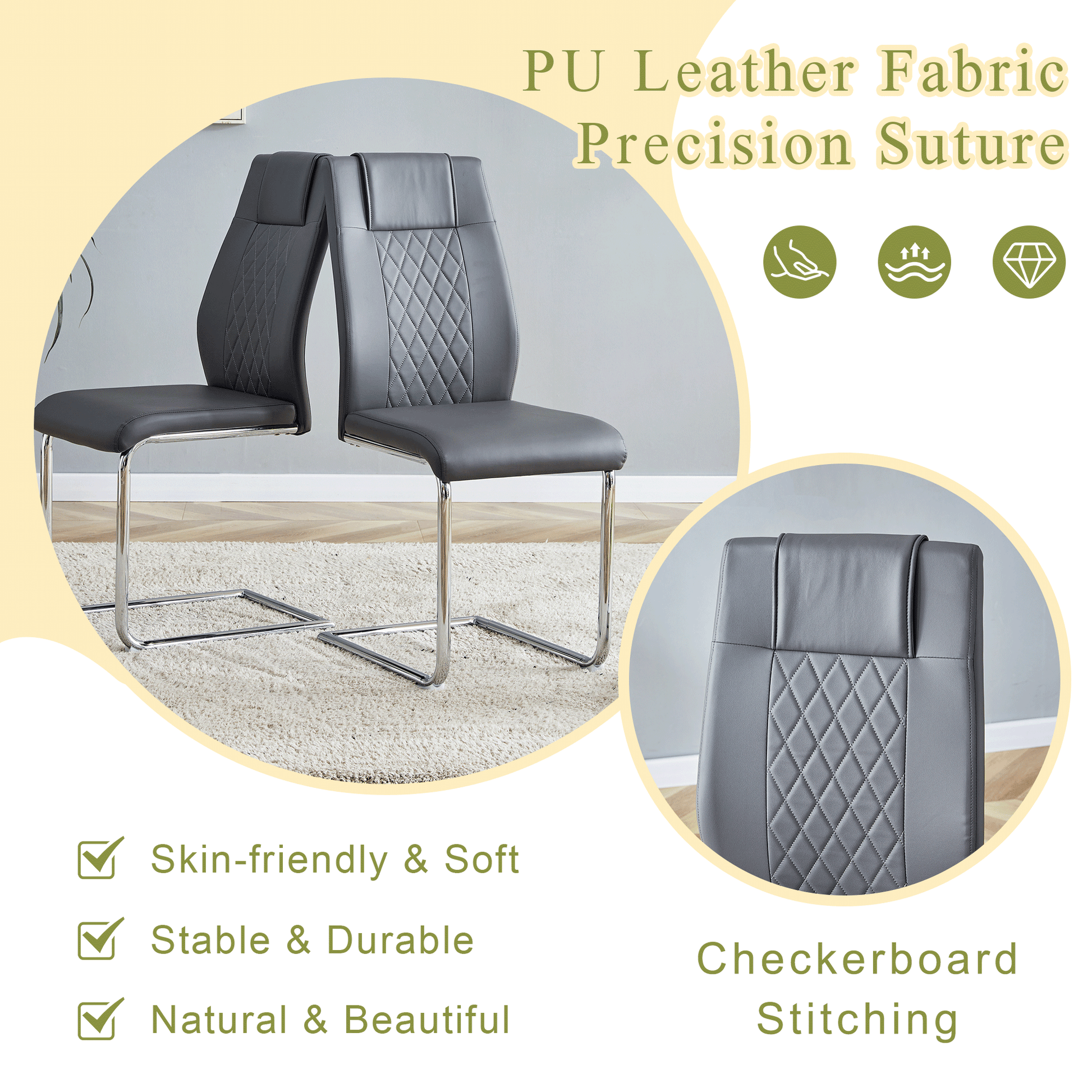 Modern grey PU leather dining chair with checkerboard stitching and chrome sled legs