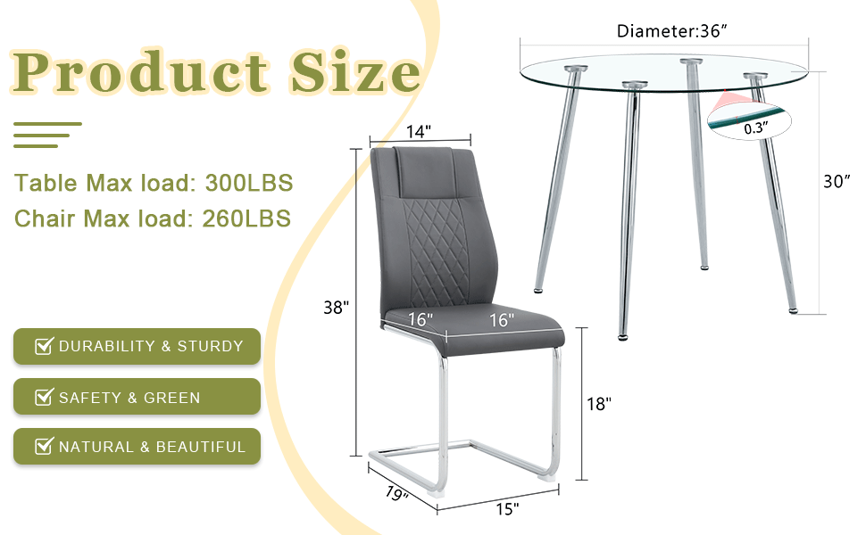 Dimensions of a grey upholstered dining chair with diamond stitching and chrome cantilever base