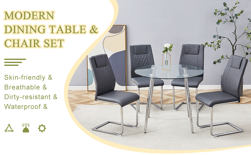 Modern glass top dining table set with four grey faux leather chairs