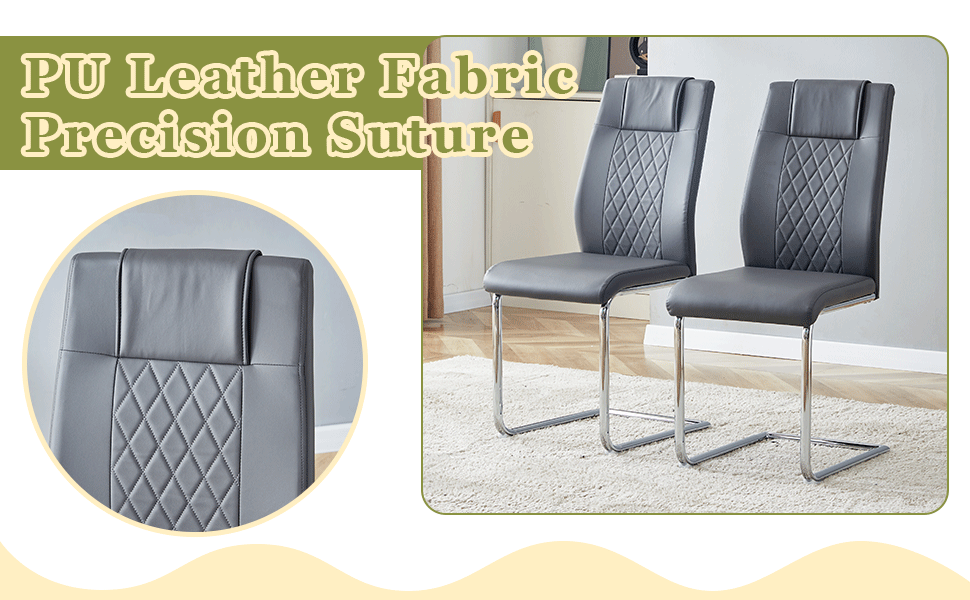 Two grey PU leather dining chairs with chrome cantilever bases and diamondstitched backs