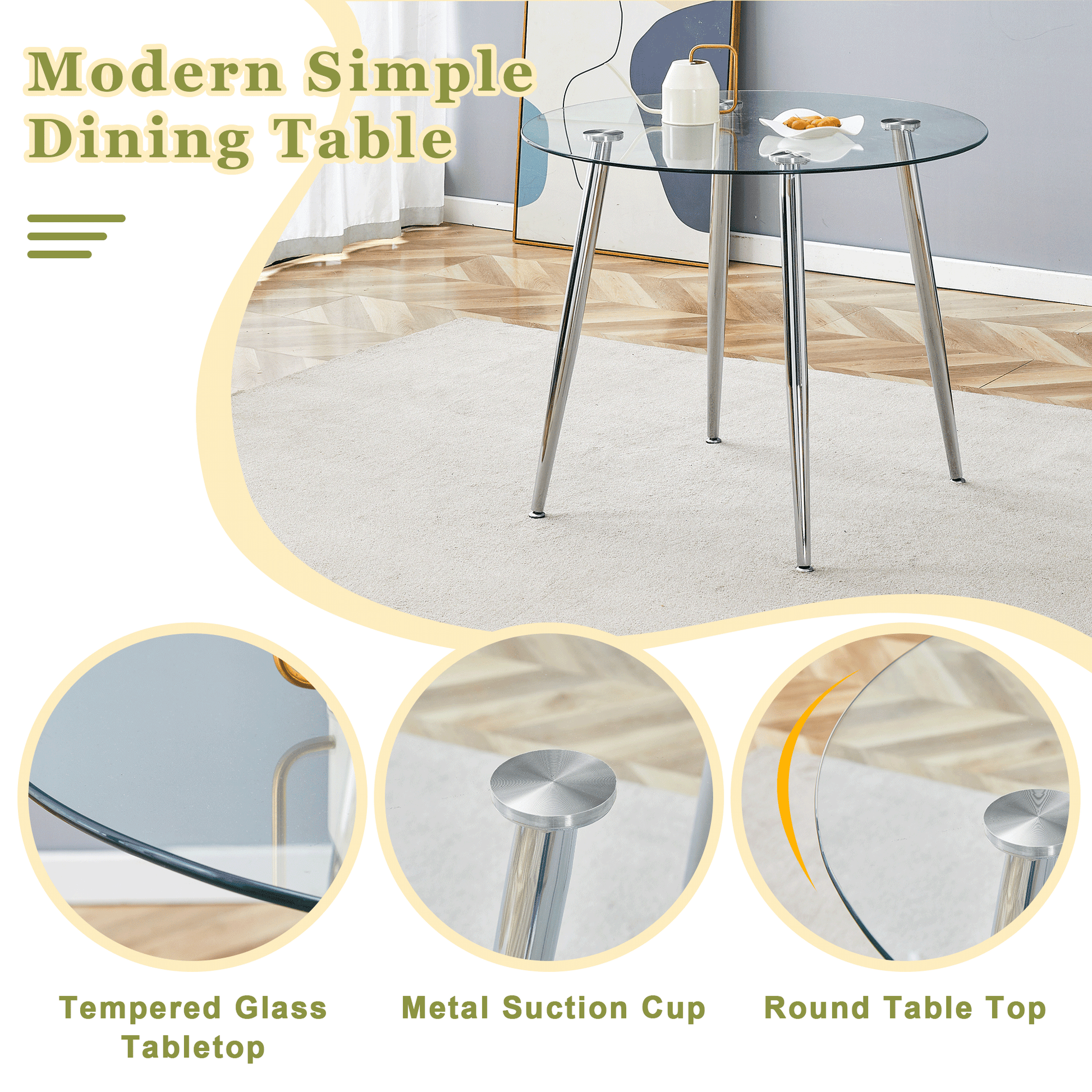 Round glass dining table with chrome legs