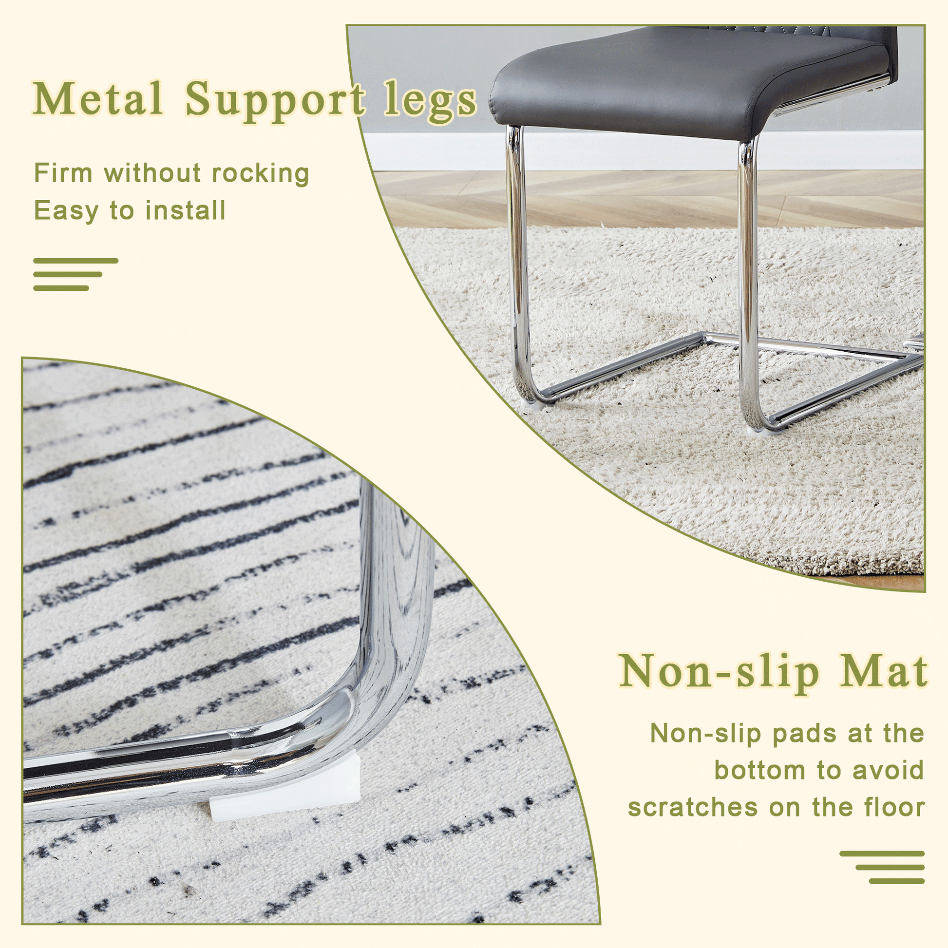 Chrome cantilever chair legs with protective nonslip floor pads