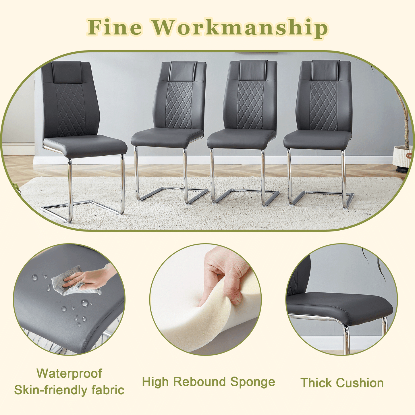 Four dark gray faux leather dining chairs with diamond stitching and chrome cantilever legs