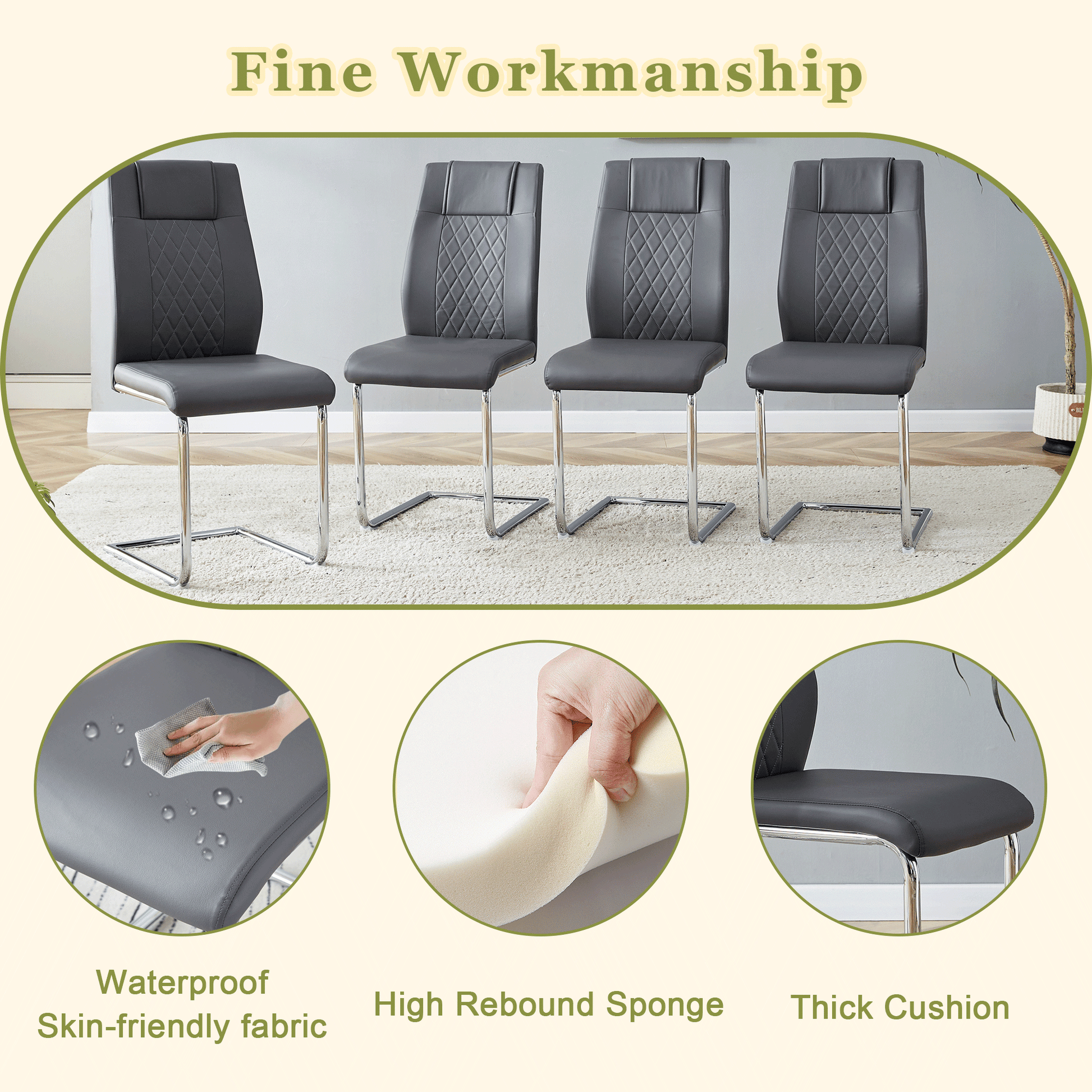 Four dark gray faux leather dining chairs with diamond stitching and chrome cantilever legs