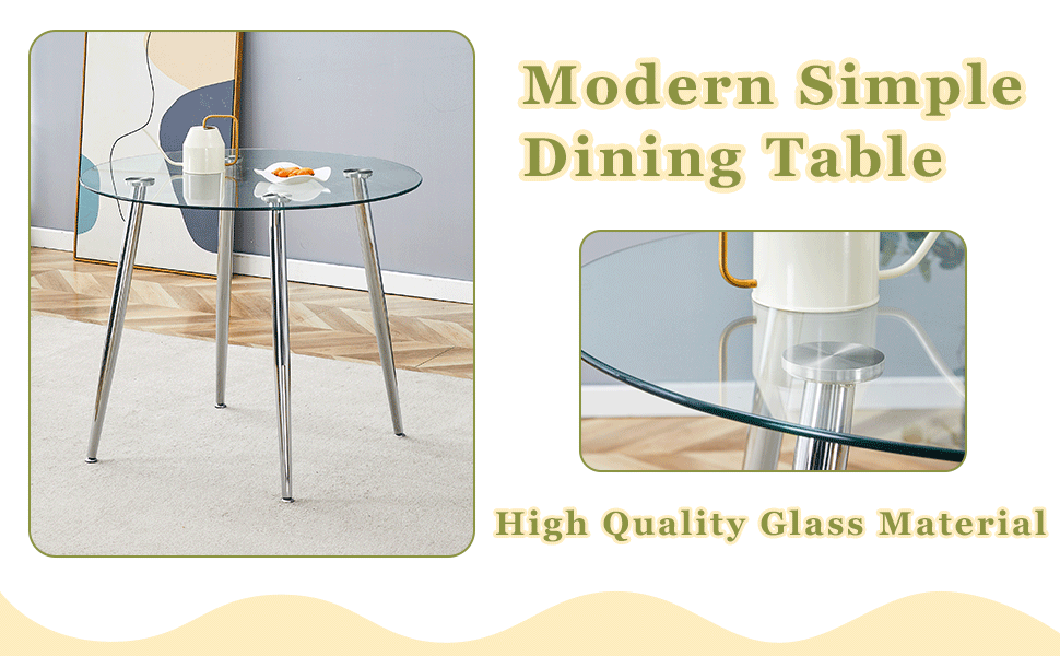 Round glass dining table with chrome legs on a cream rug