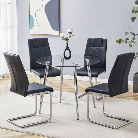 Modern black faux leather dining chairs with chrome sled bases surround a round glass table