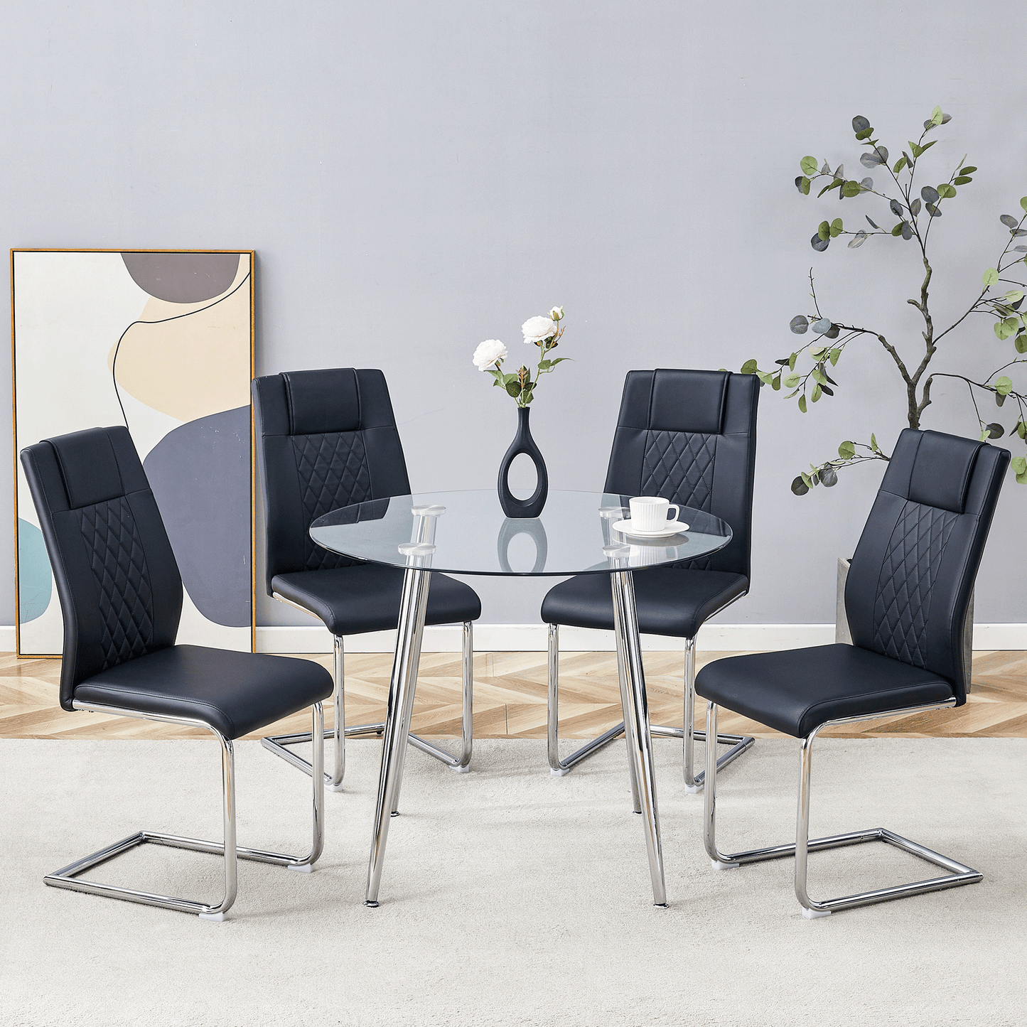 Black faux leather dining chairs with diamond stitching and chrome sled legs