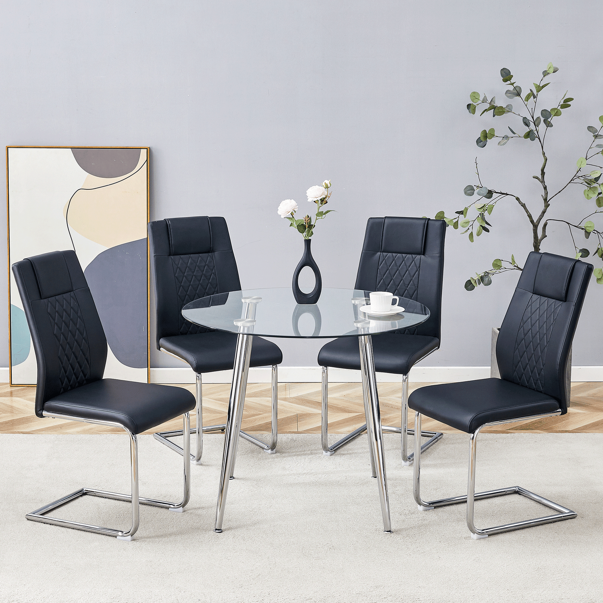 Black faux leather dining chairs with diamond stitching and chrome sled legs