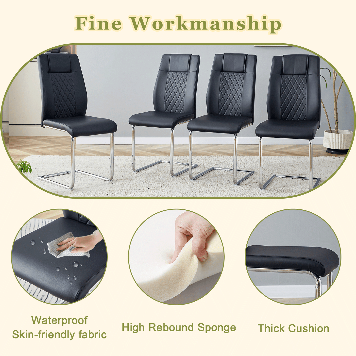 Four black faux leather dining chairs with diamond tufting and chrome sled bases