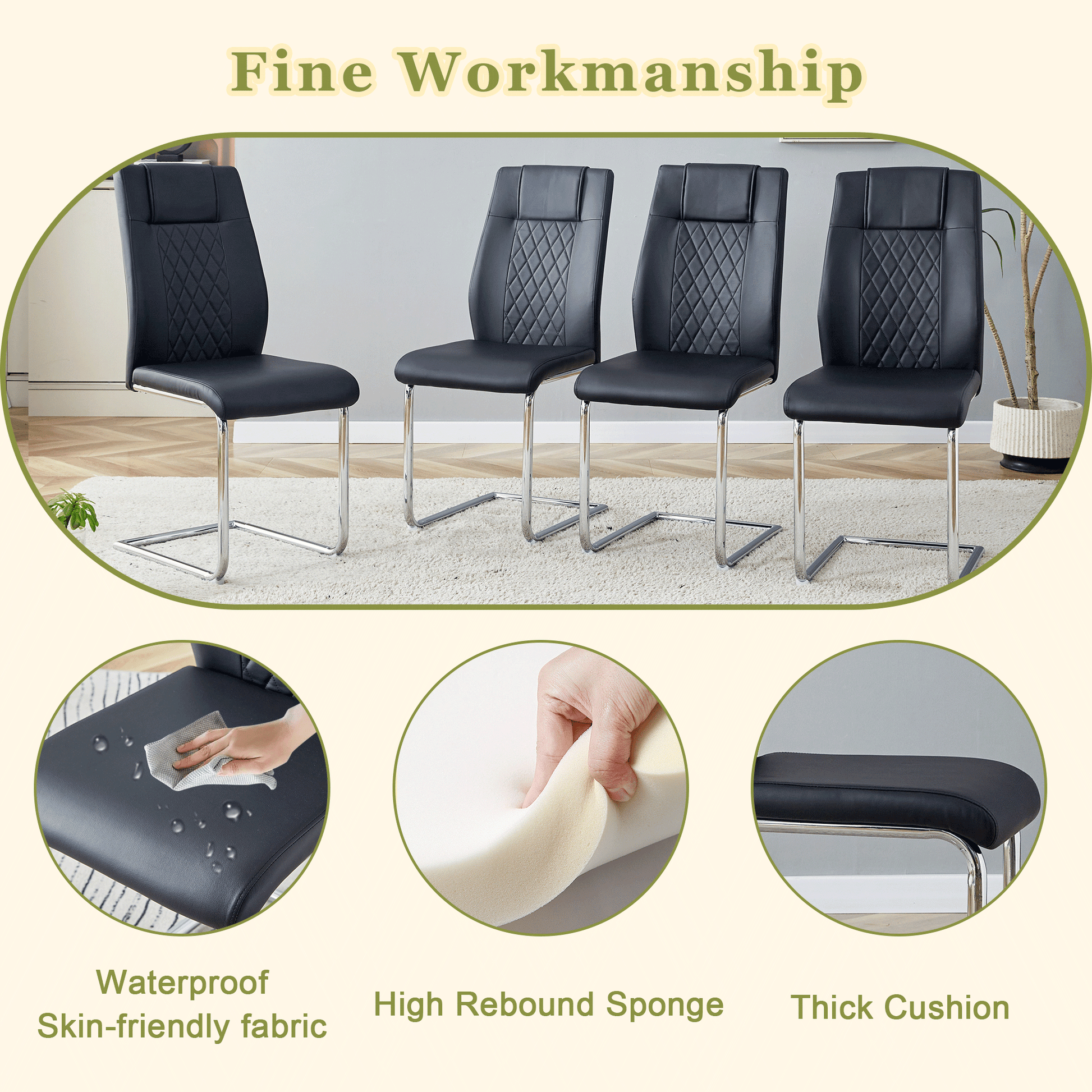 Four black faux leather dining chairs with diamond tufting and chrome sled bases