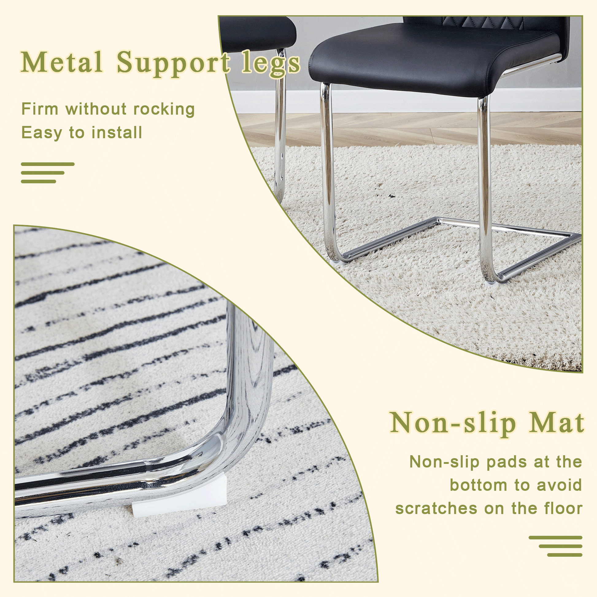 Chrome cantilever chair legs on plush rug