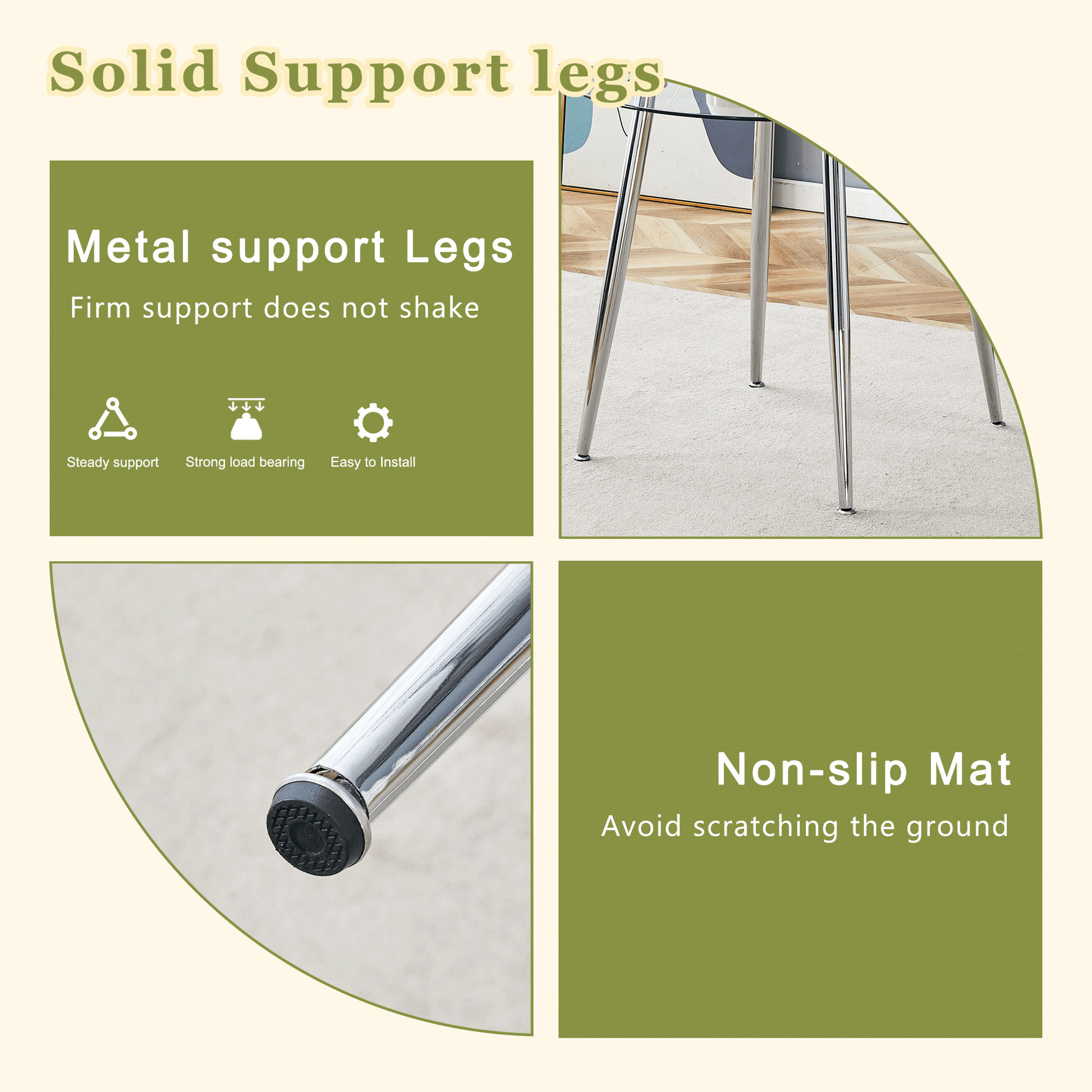 Chrome metal table legs with nonslip mats on the bottom