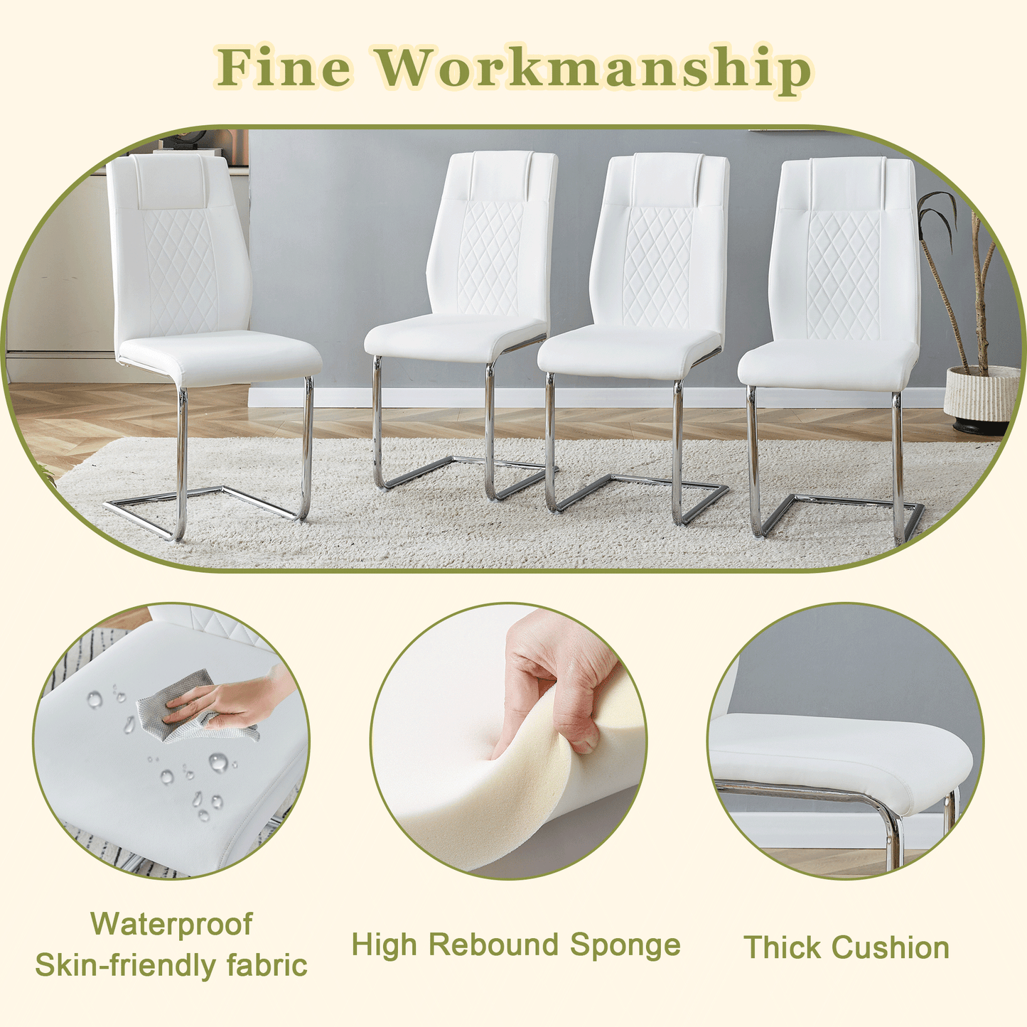 Set of four white faux leather dining chairs with diamond stitching and chrome cantilever legs