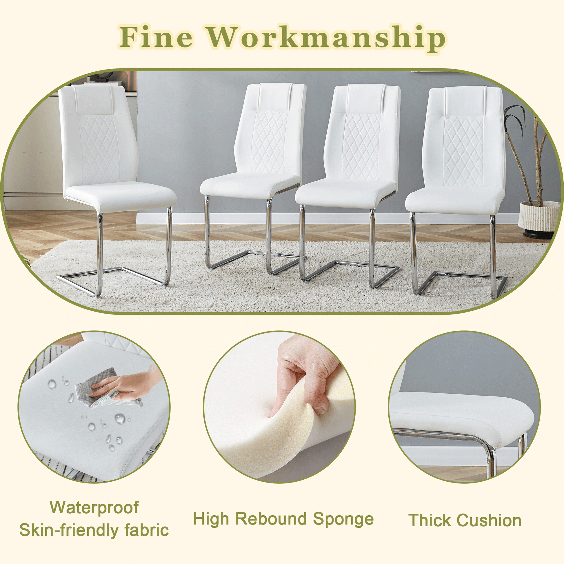 Set of four white faux leather dining chairs with diamond stitching and chrome cantilever legs