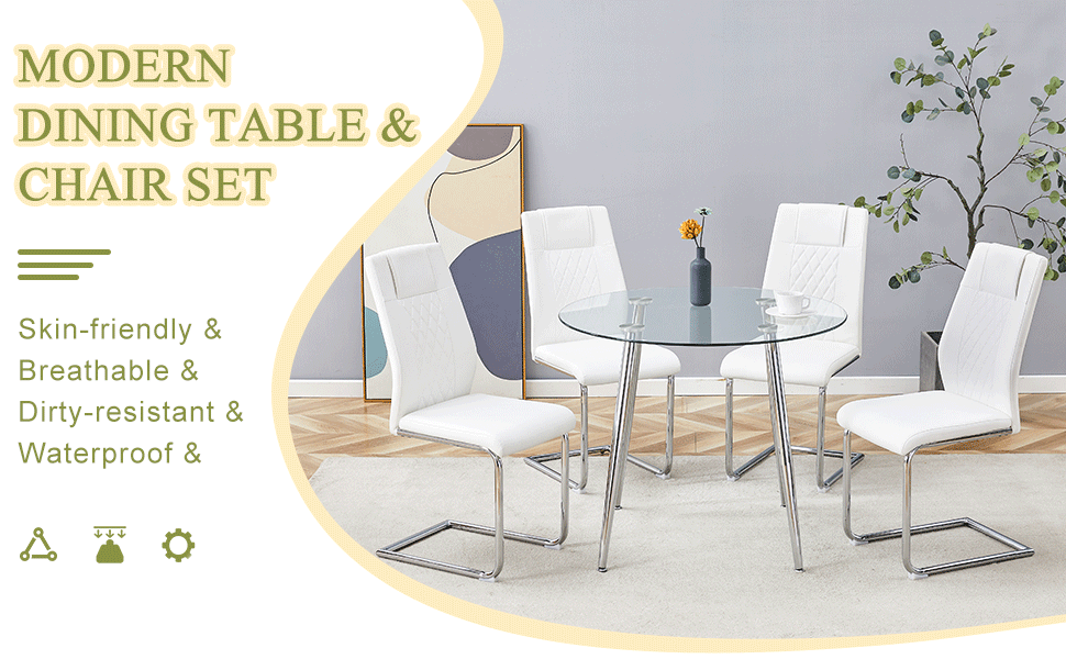Modern white dining chair set with chrome legs and glass top table