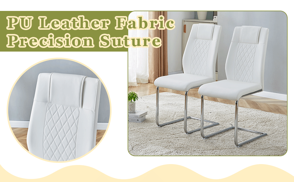 Two white PU leather dining chairs with diamond stitching and chrome legs