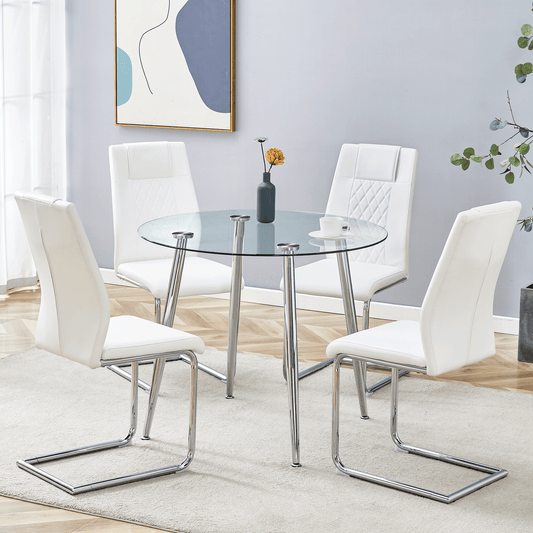 Modern white leather dining chairs around a clear glass table