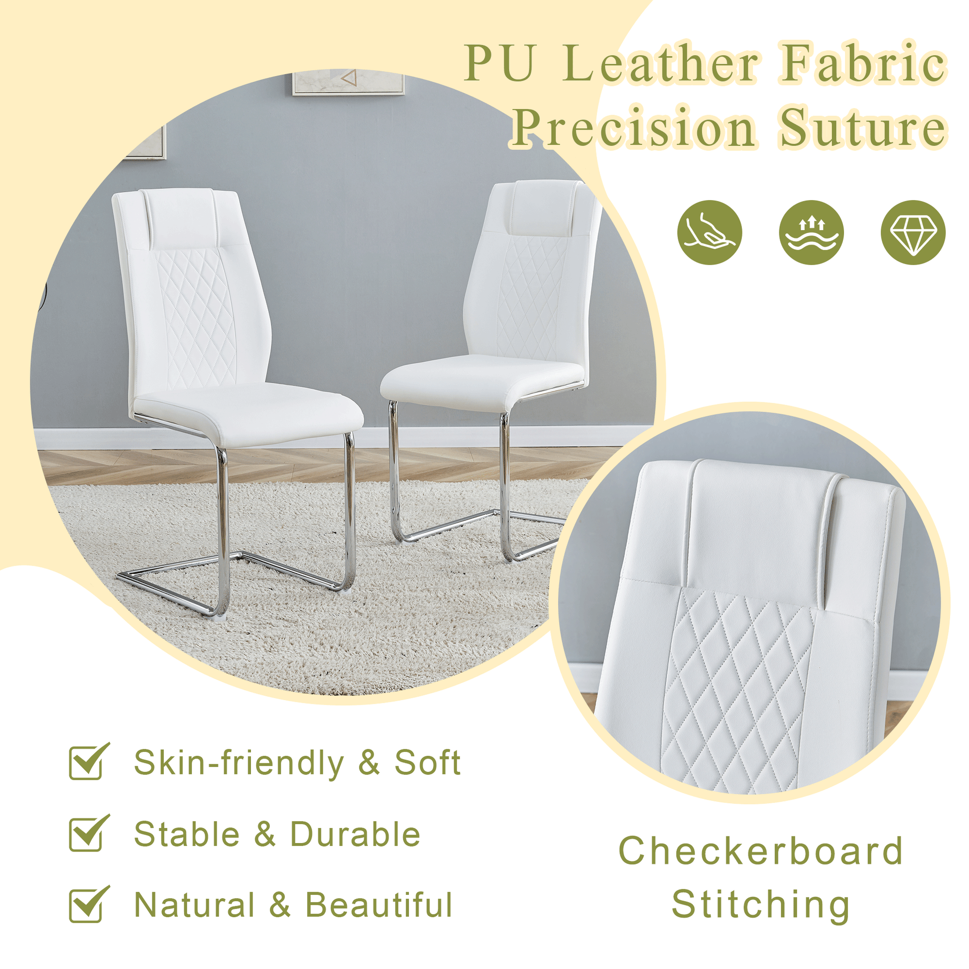 White PU leather dining chair with diamond stitching and chrome cantilever legs