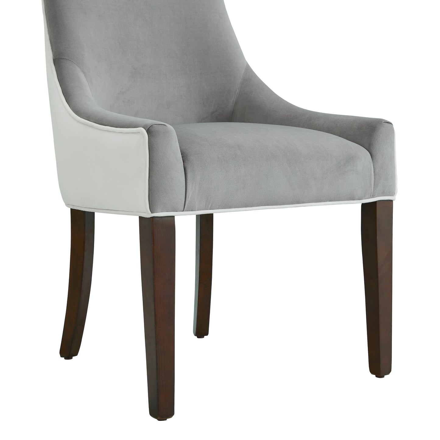 Tufted grey velvet armchair with contrasting white arms and dark wood legs