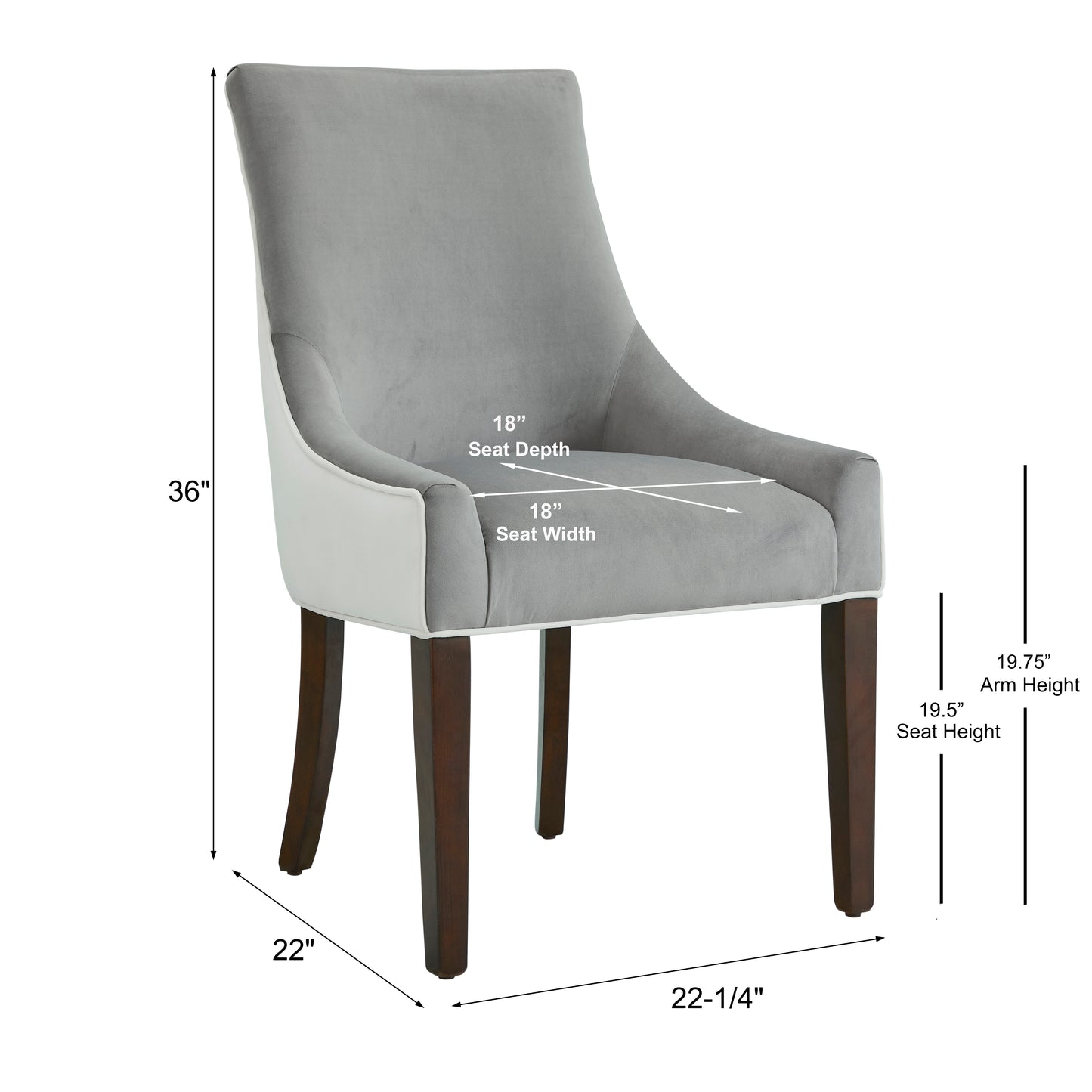 Grey velvet dining chair with white trim and dark wood legs