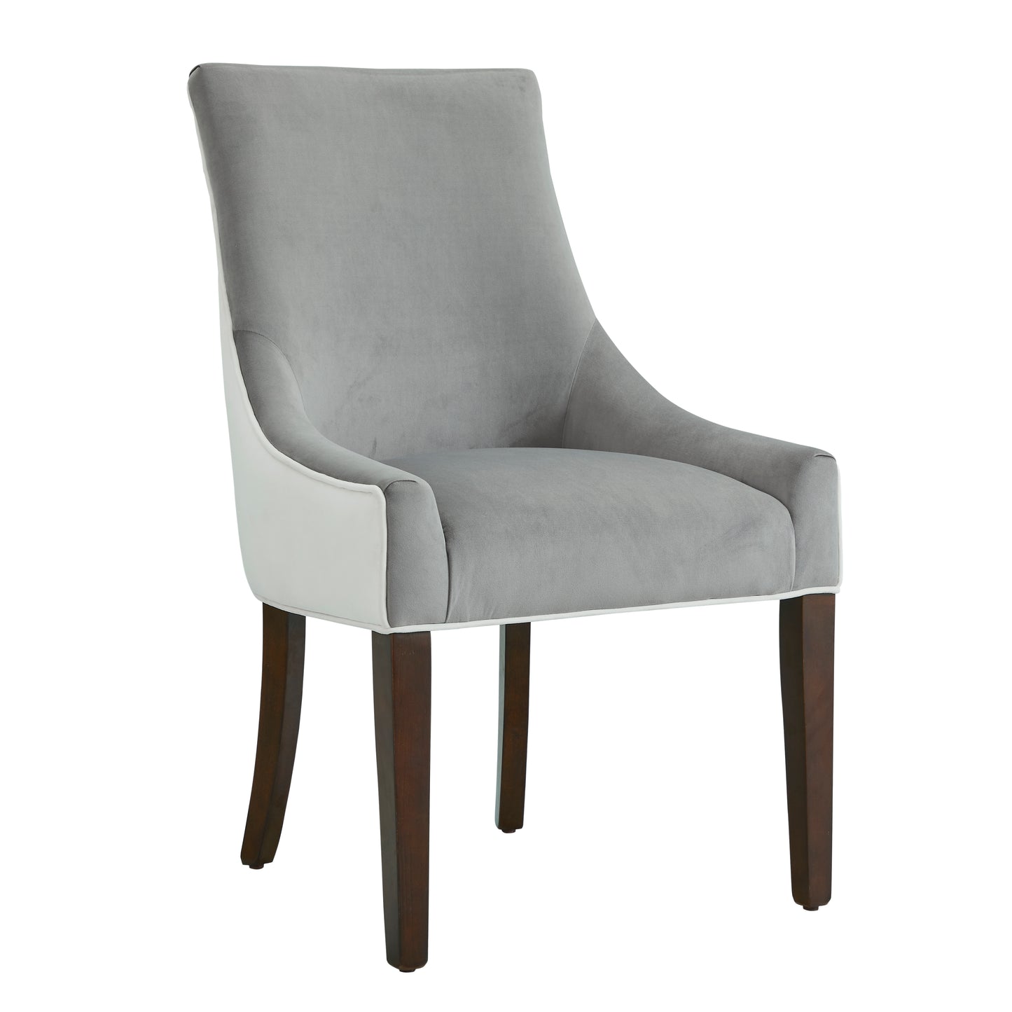 Gray velvet accent chair with white faux leather trim and dark wood legs