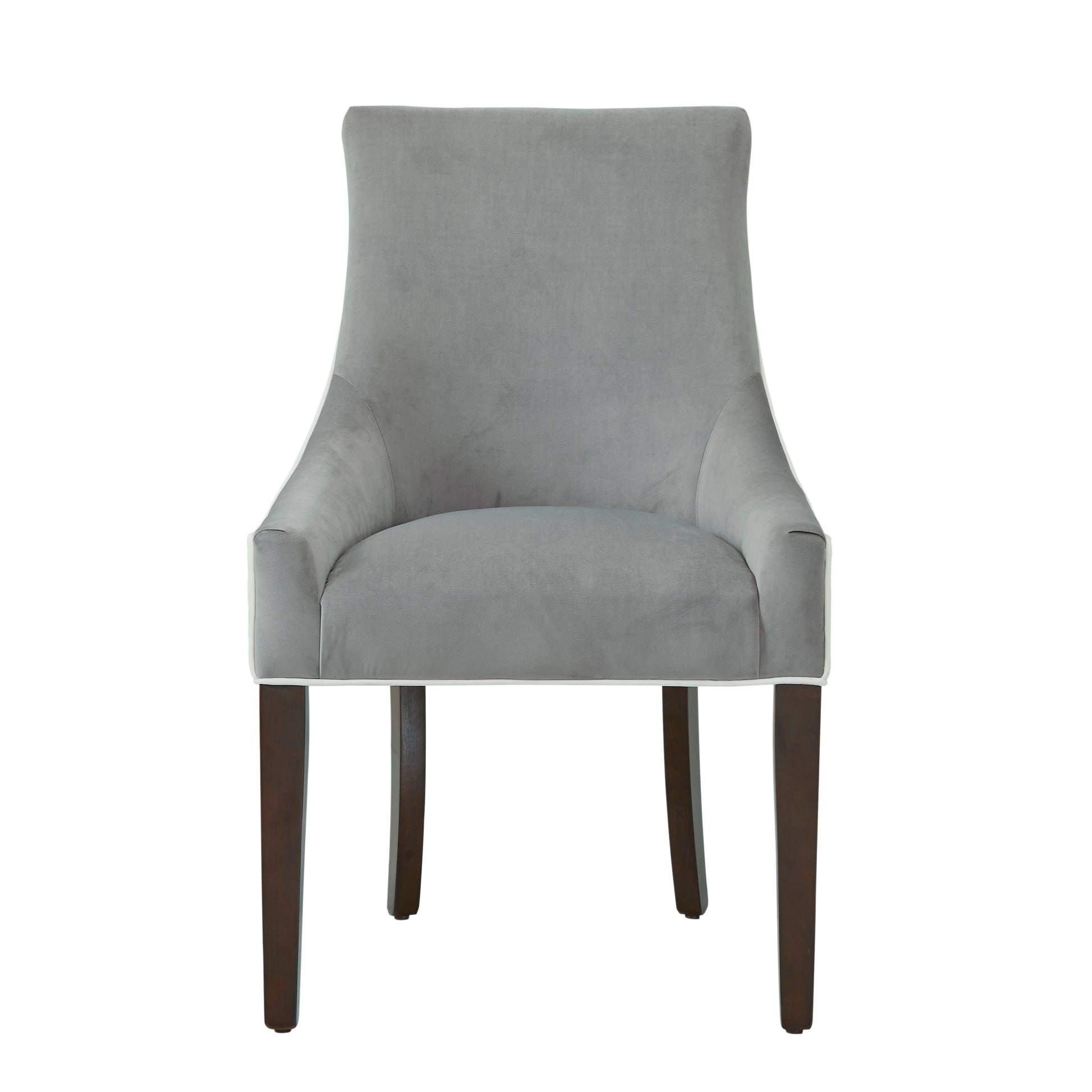 Grey velvet accent chair with white piping and dark wood legs