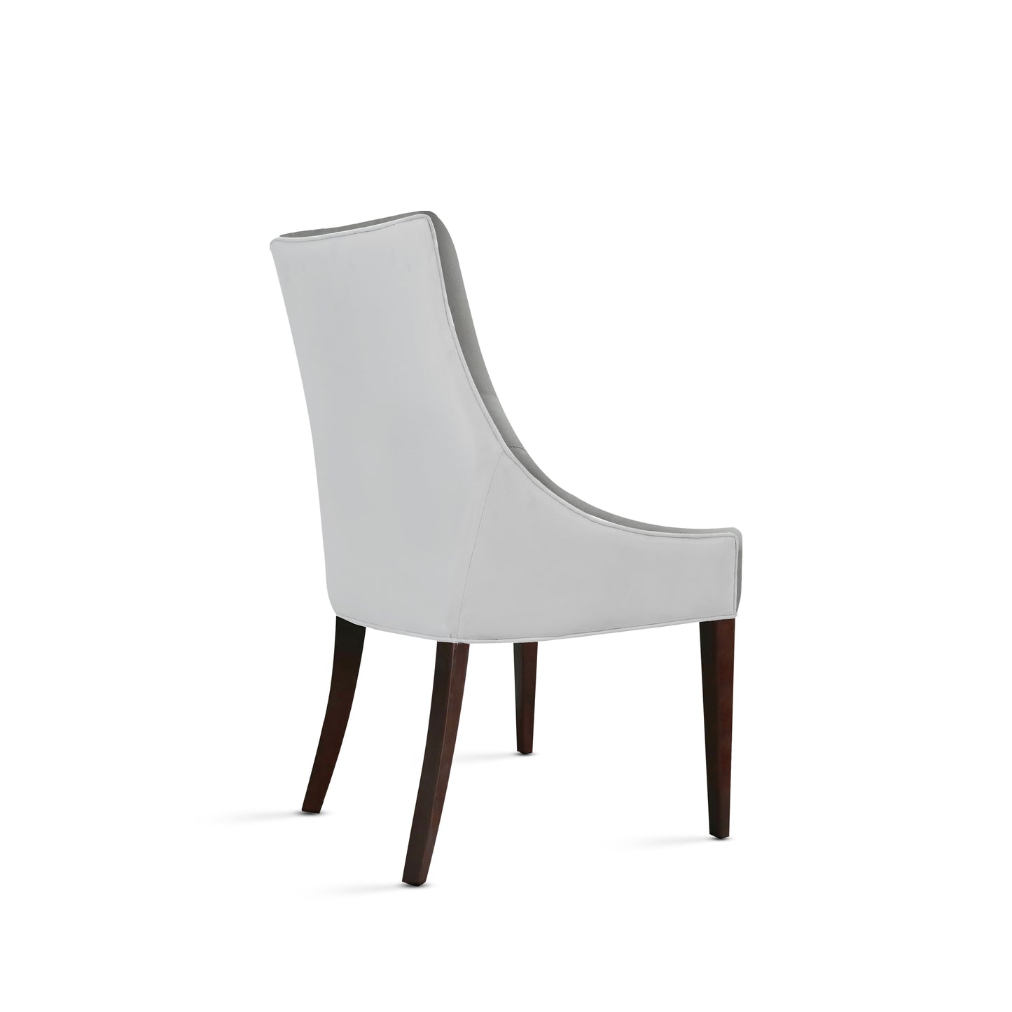 Gray upholstered dining chair with dark wood legs