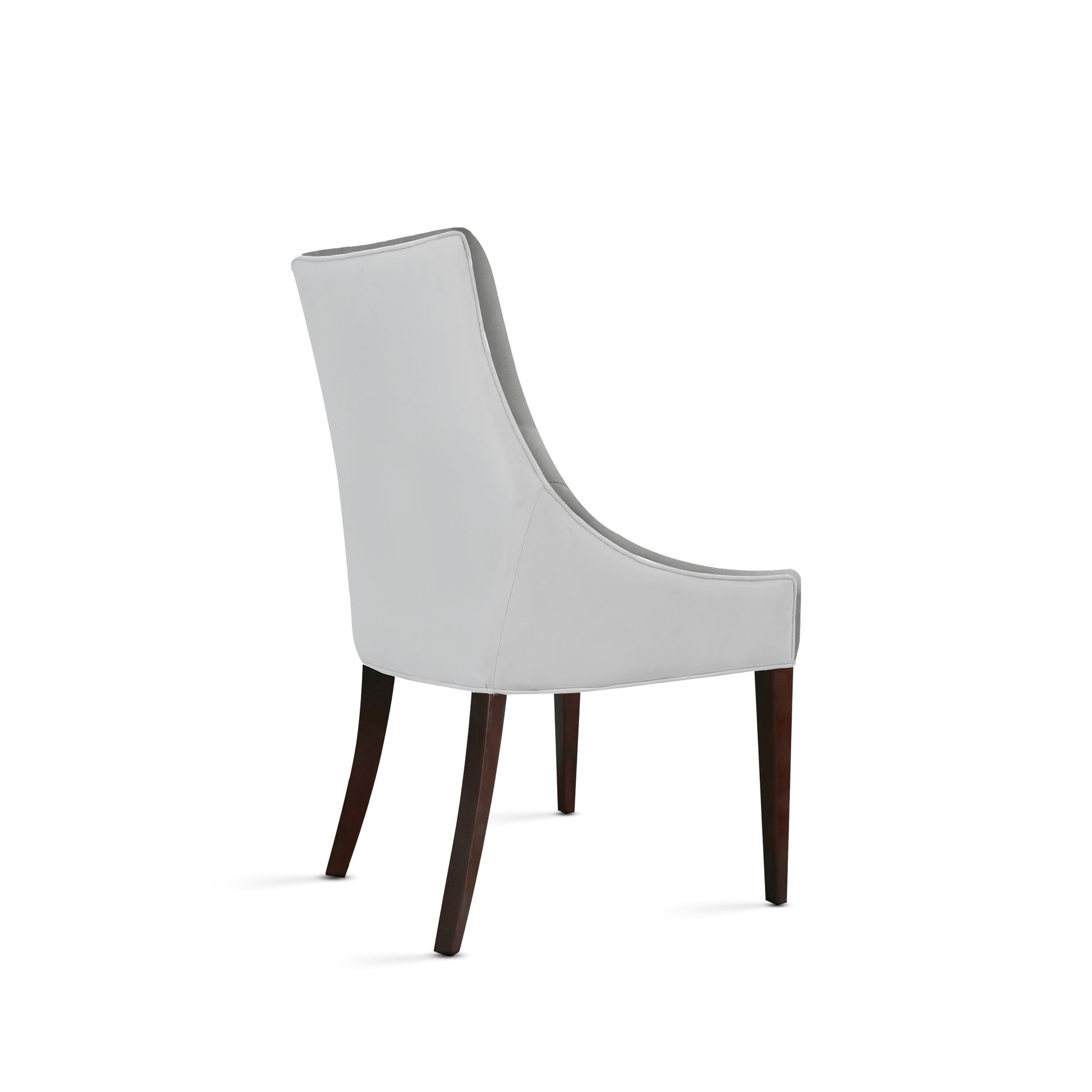 Gray upholstered dining chair with dark wood legs