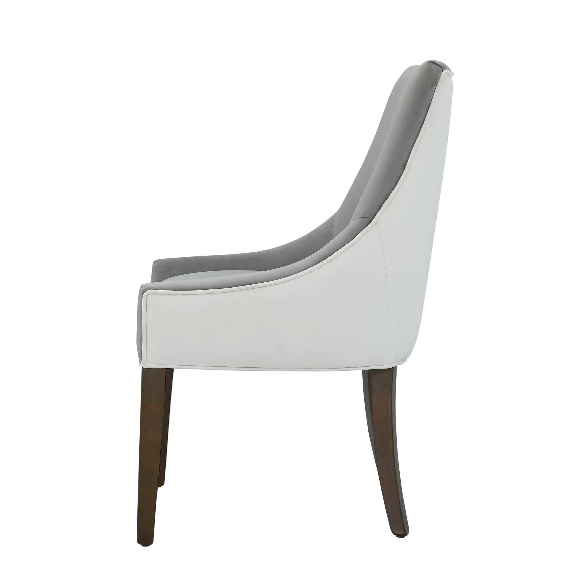 Modern grey velvet and white leather accent chair with dark wood legs