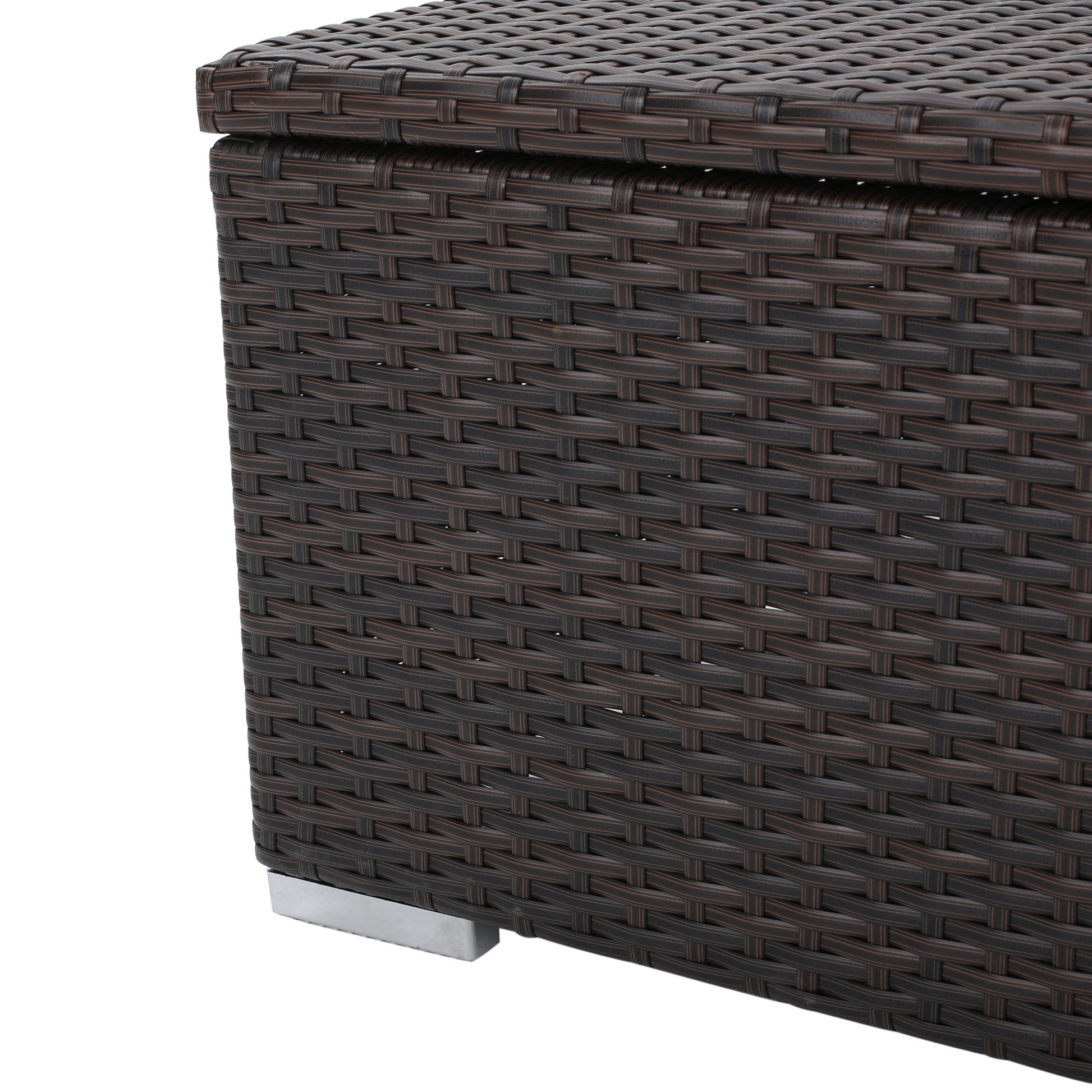 Dark brown resin wicker storage ottoman with silver feet
