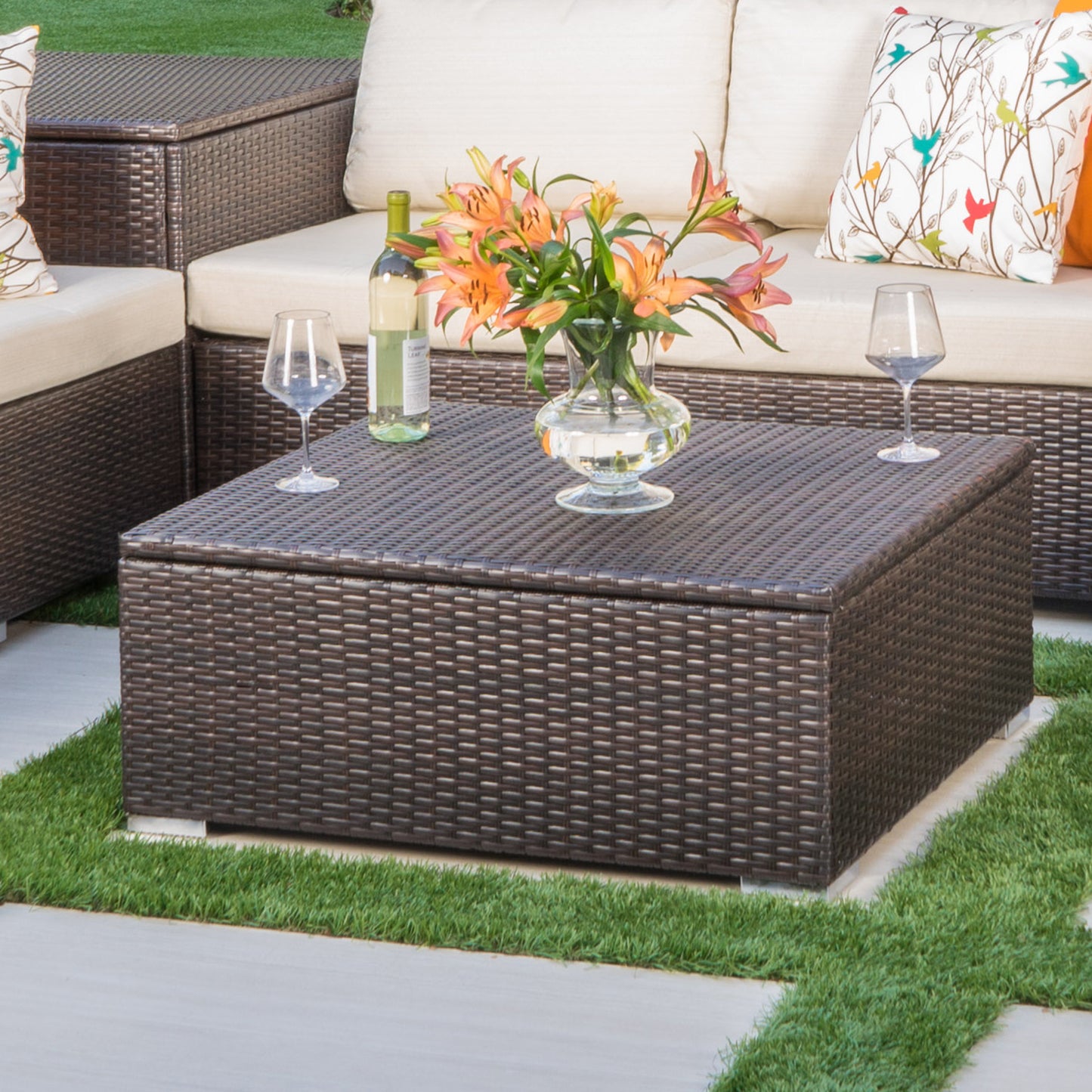 Dark brown rattan patio storage coffee table with lid