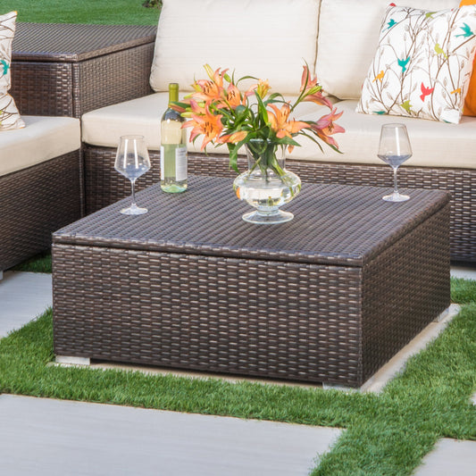 Dark brown rattan patio storage coffee table with lid