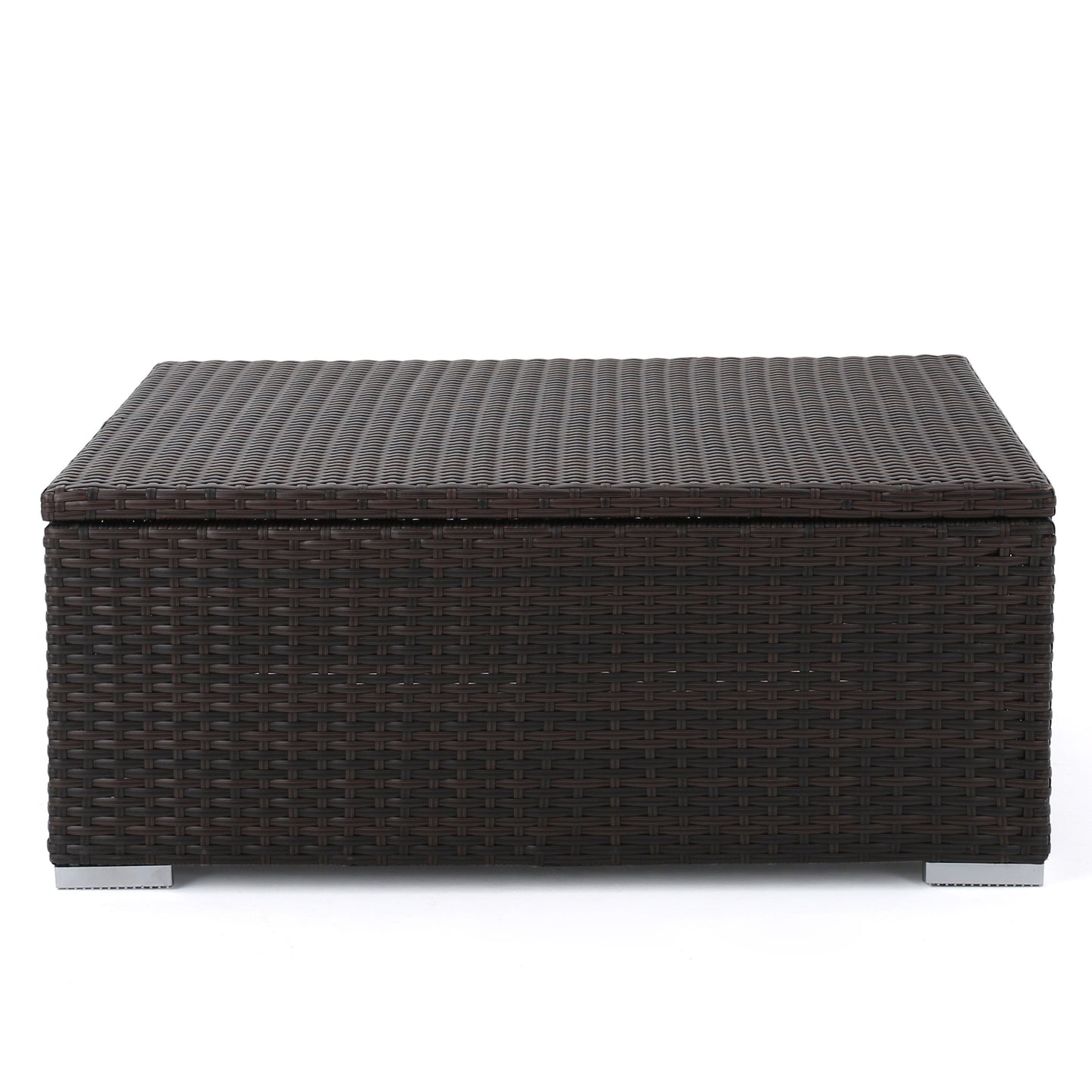 Dark brown rattan storage box with a flat lid and silver feet