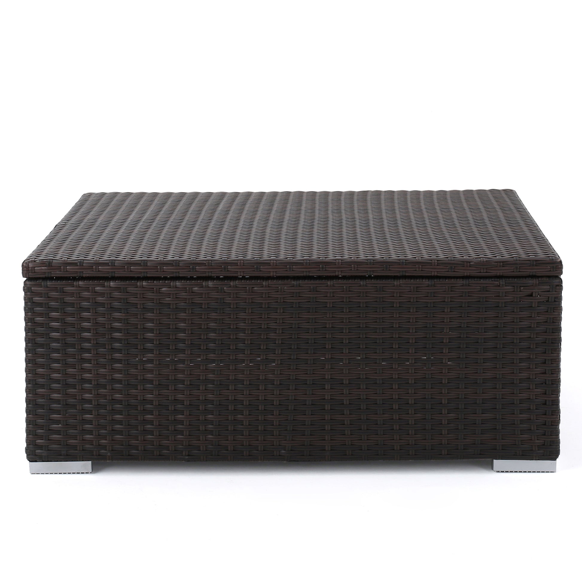 Dark brown rattan storage box with a flat lid and silver feet