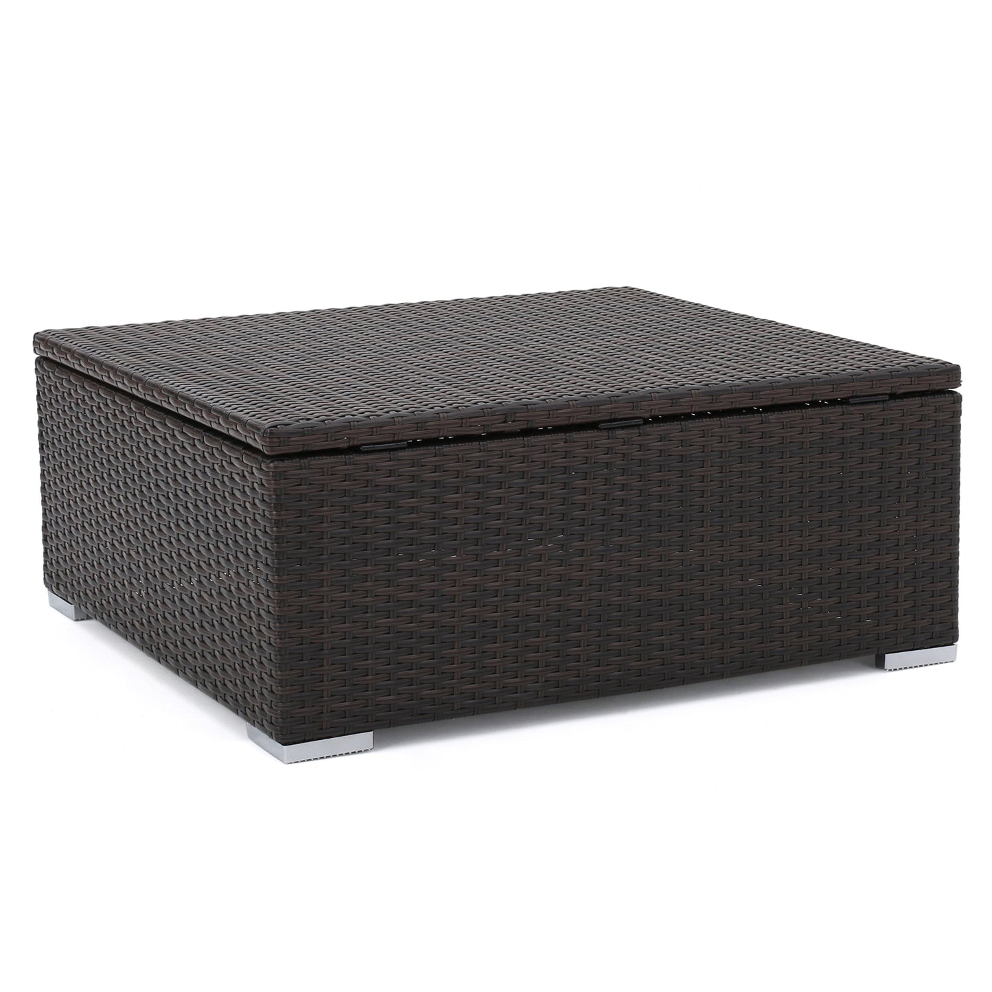 Dark brown wicker storage ottoman with silver feet