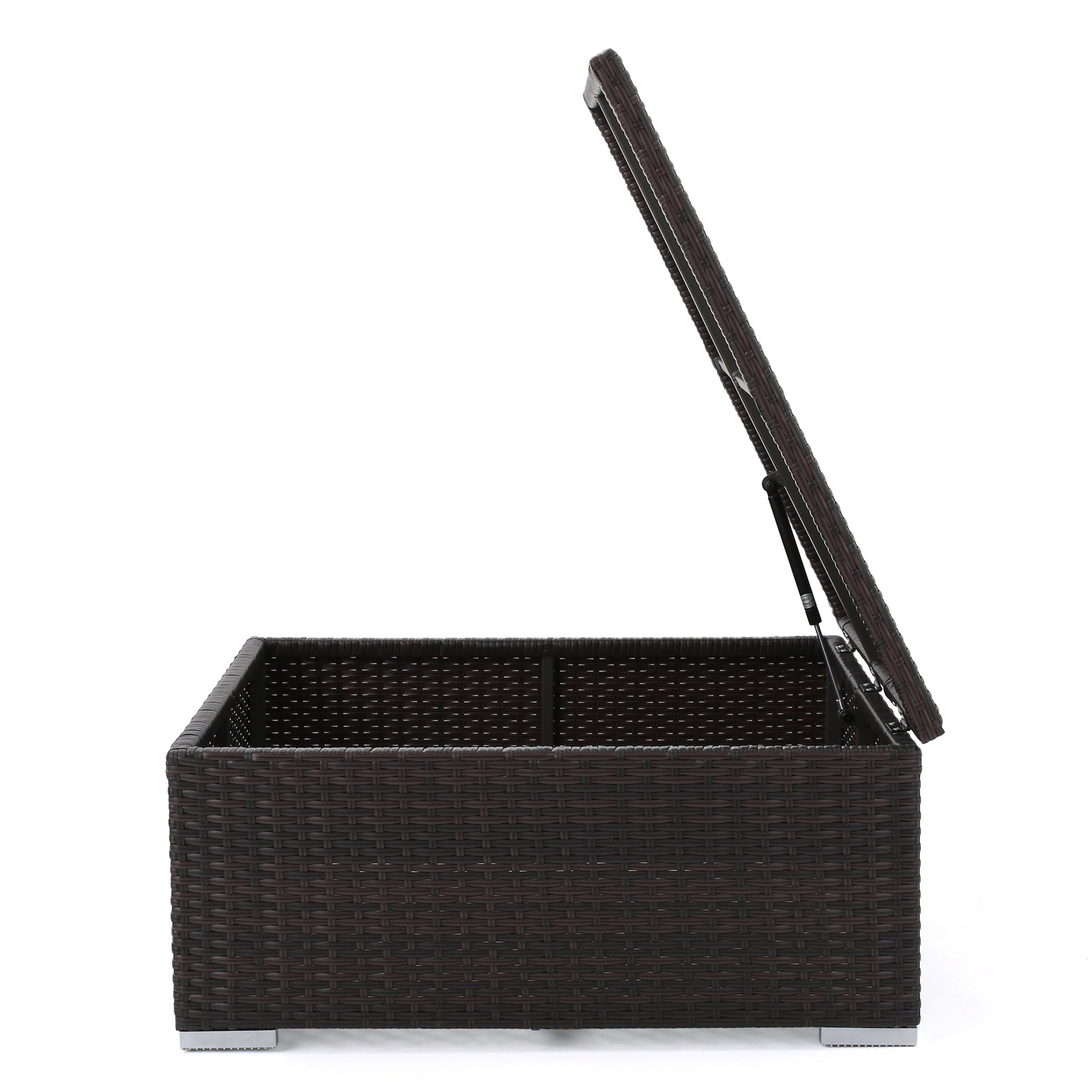 Dark brown wicker outdoor storage box with open lid and hydraulic support