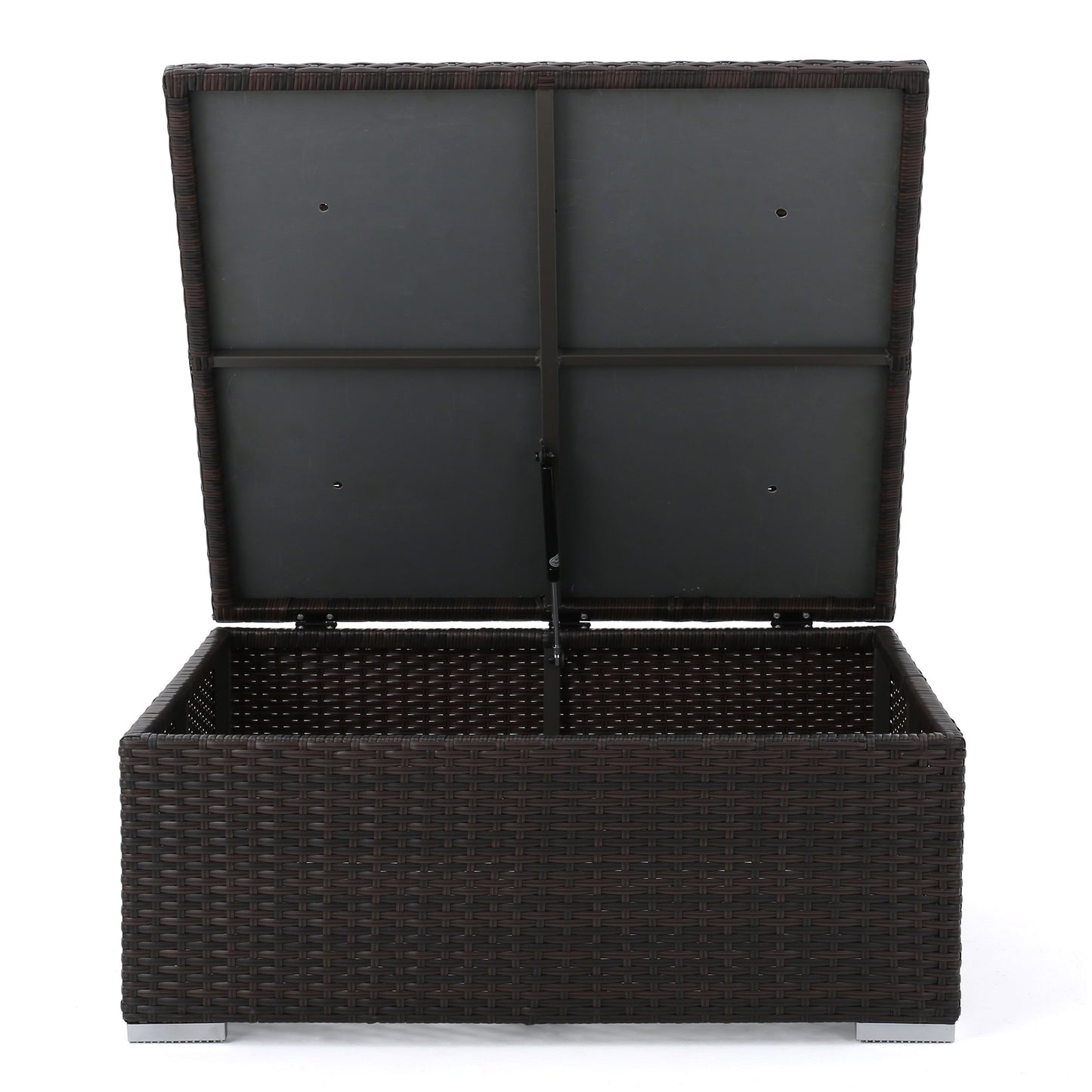 Dark brown rattan outdoor storage box with open lid aluminum feet
