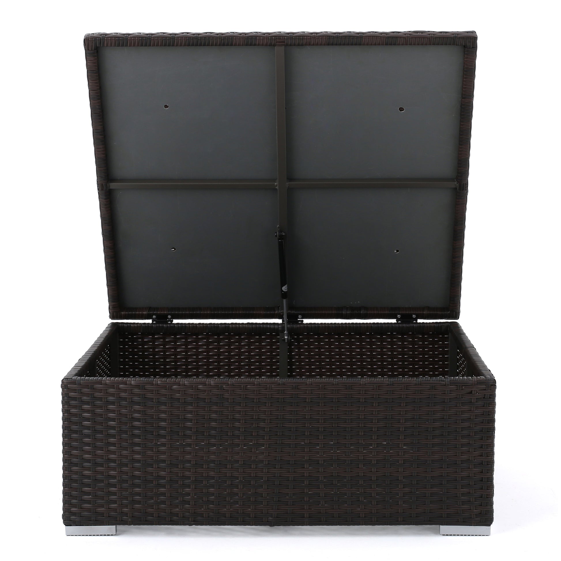 Dark brown rattan outdoor storage box with open lid aluminum feet