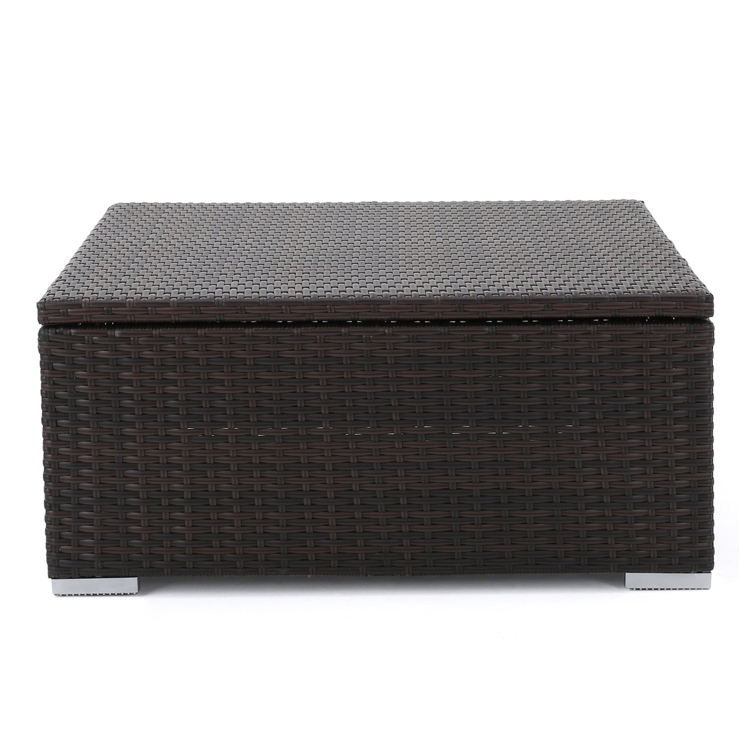 Dark brown wicker storage ottoman with silver feet