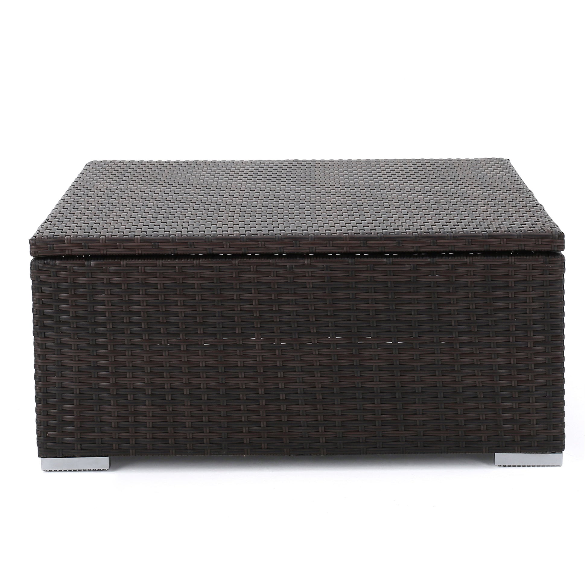 Dark brown wicker storage ottoman with silver feet