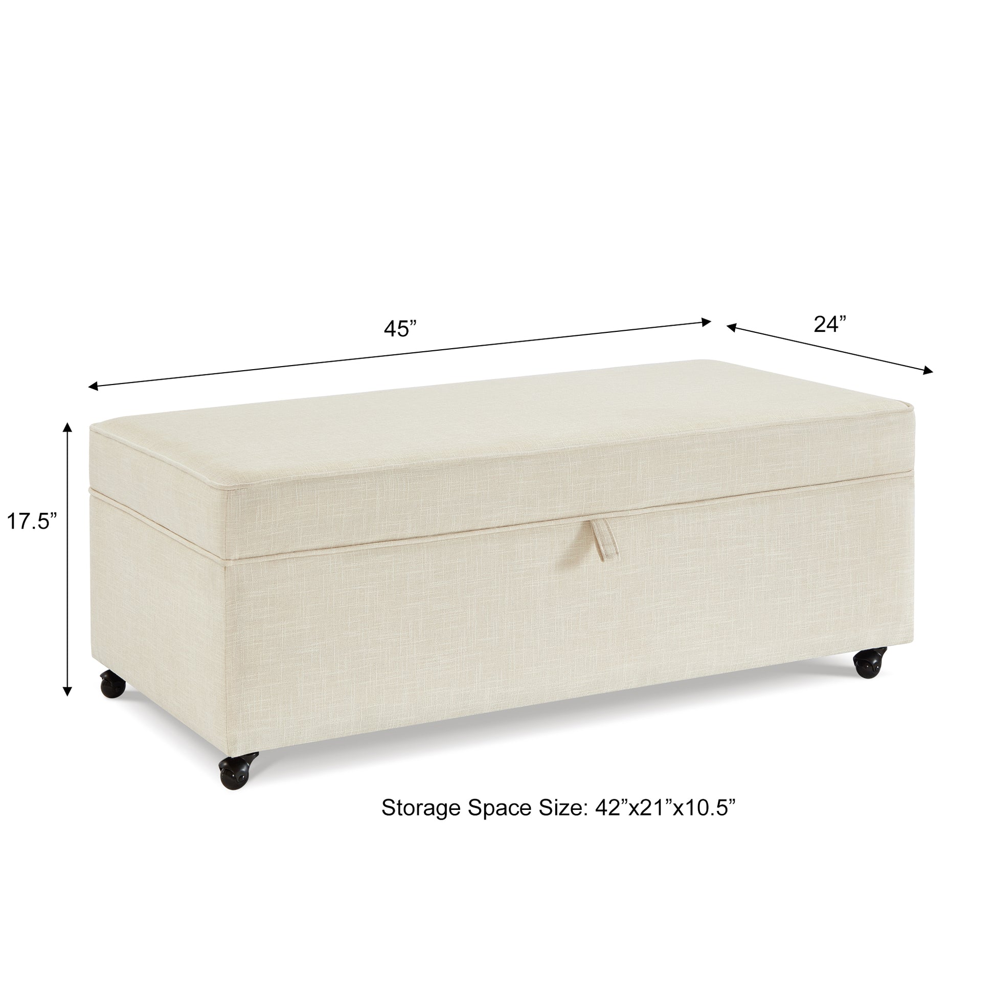 Cream linen storage ottoman with casters measuring  W x  D x  H