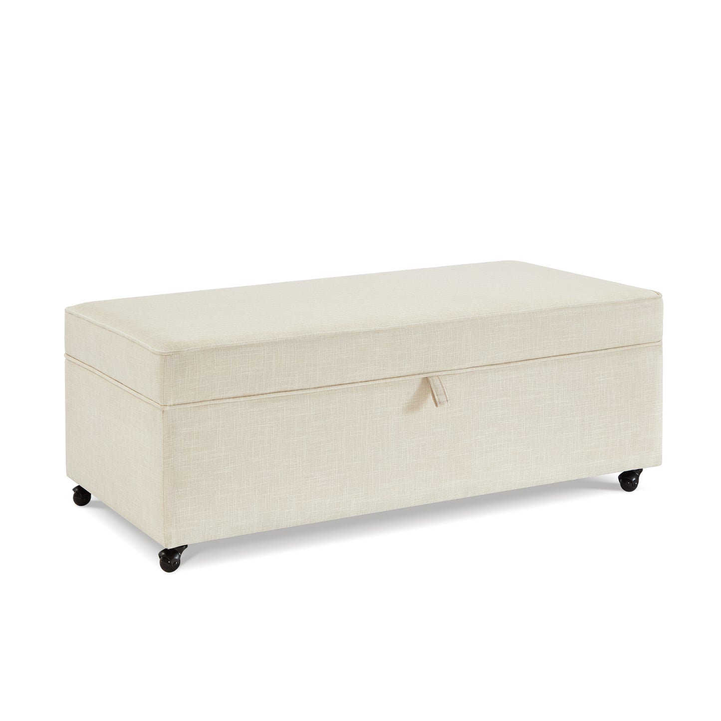 Cream upholstered storage ottoman with black casters