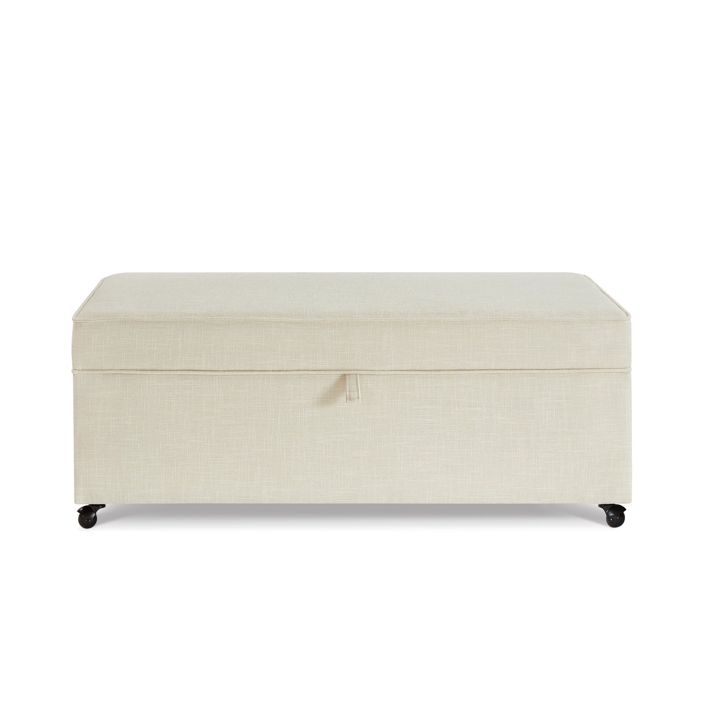Cream linen ottoman storage bench with wheels
