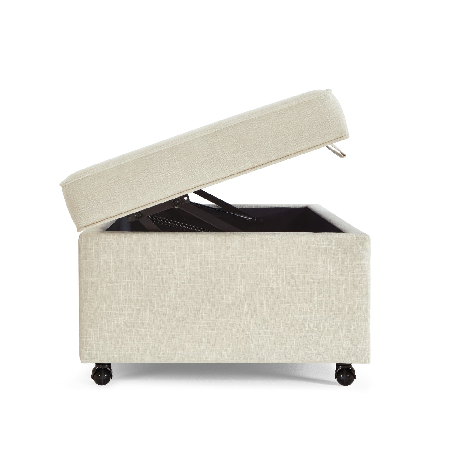 Beige fabric ottoman with wheels and lifttop storage