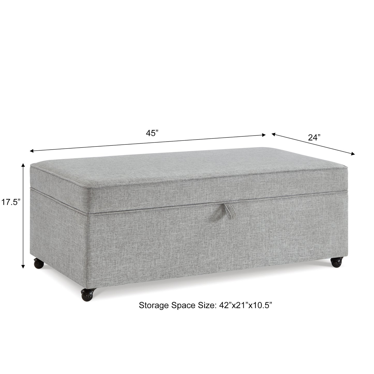 Light gray fabric storage ottoman with casters  W x  D x  H
