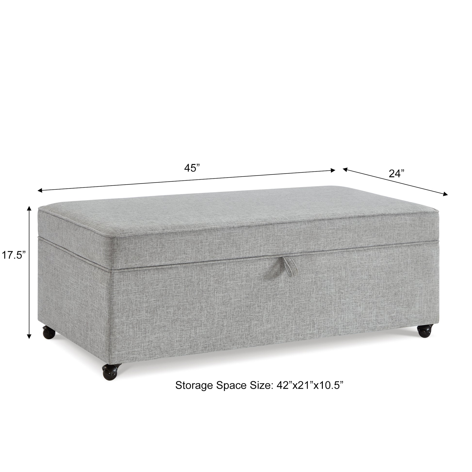 Light gray fabric storage ottoman with casters  W x  D x  H