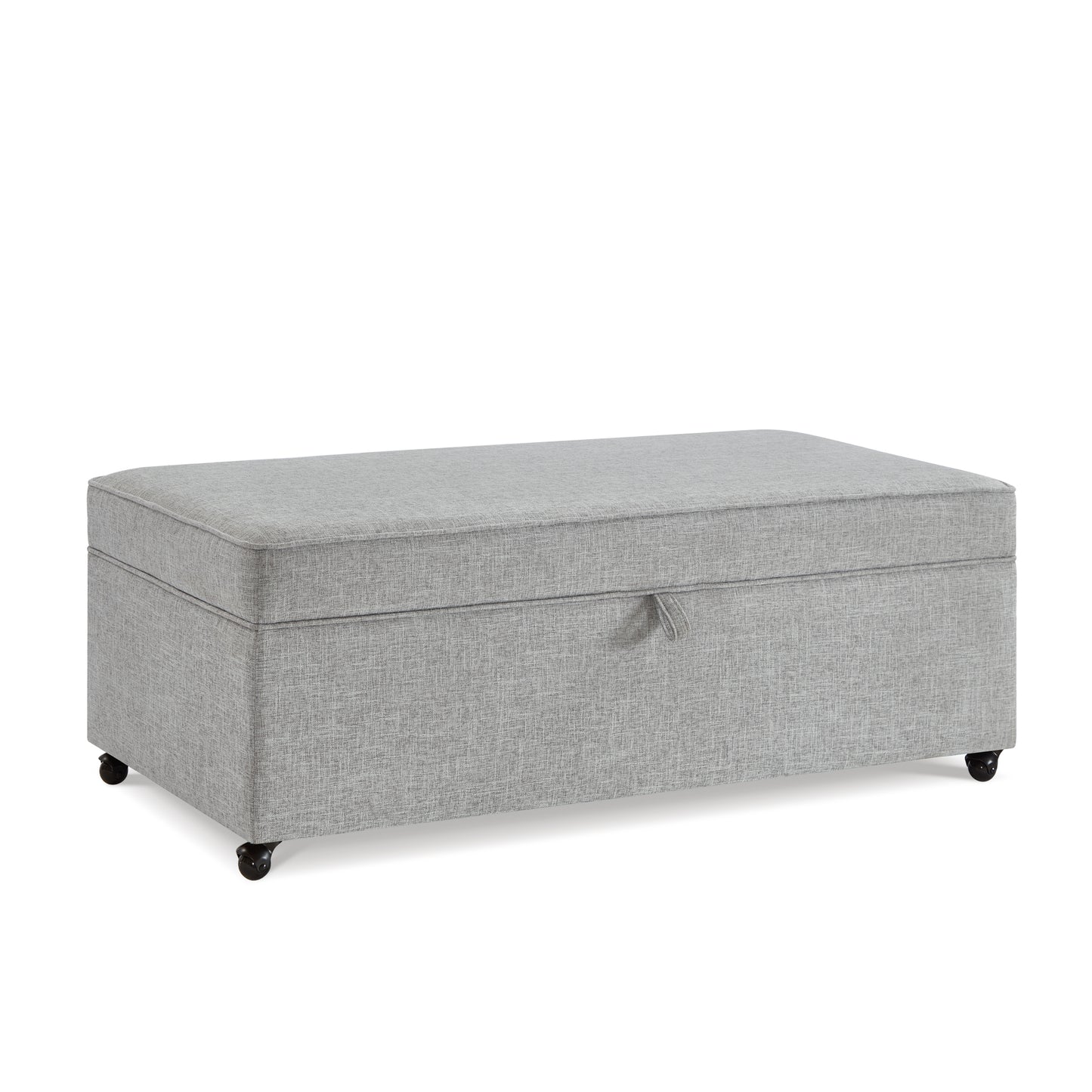 Gray fabric storage ottoman with hidden wheels and a lifting lid
