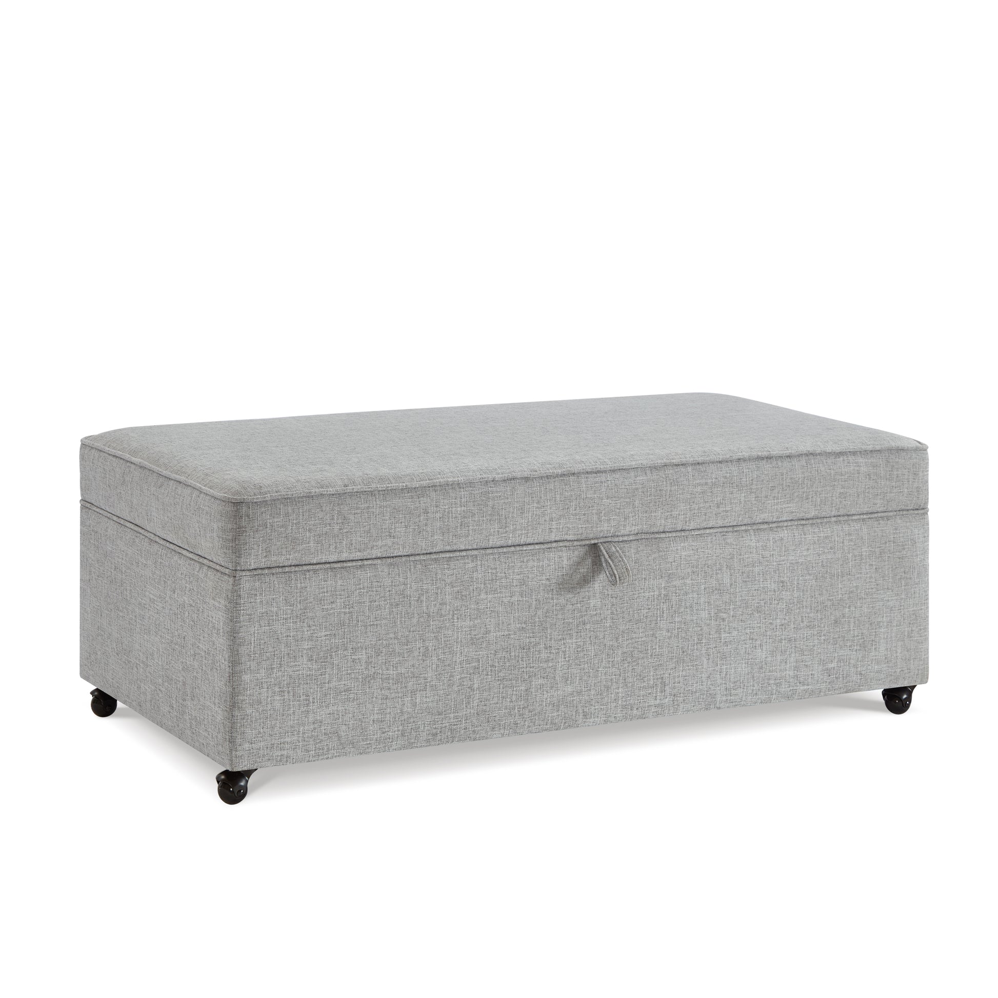 Gray fabric storage ottoman with hidden wheels and a lifting lid