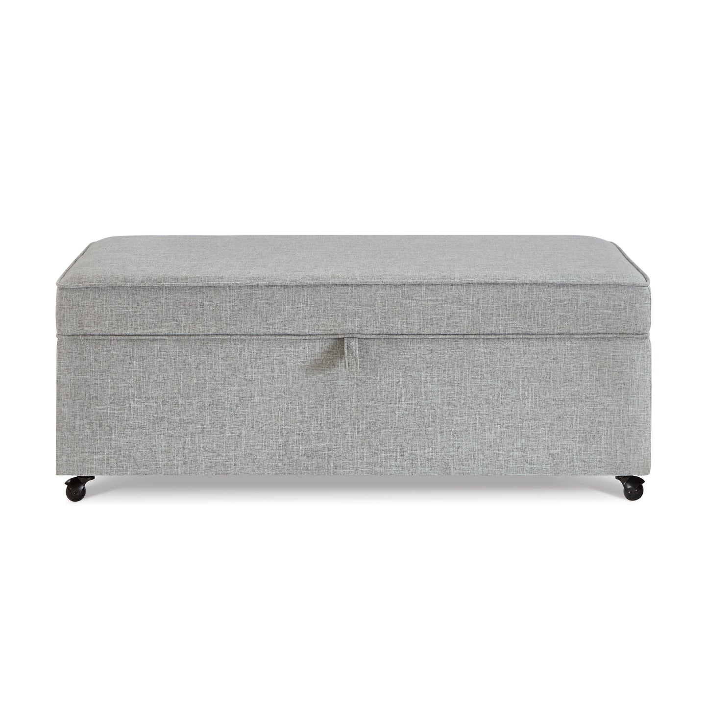 Grey fabric ottoman with a lifttop lid and storage