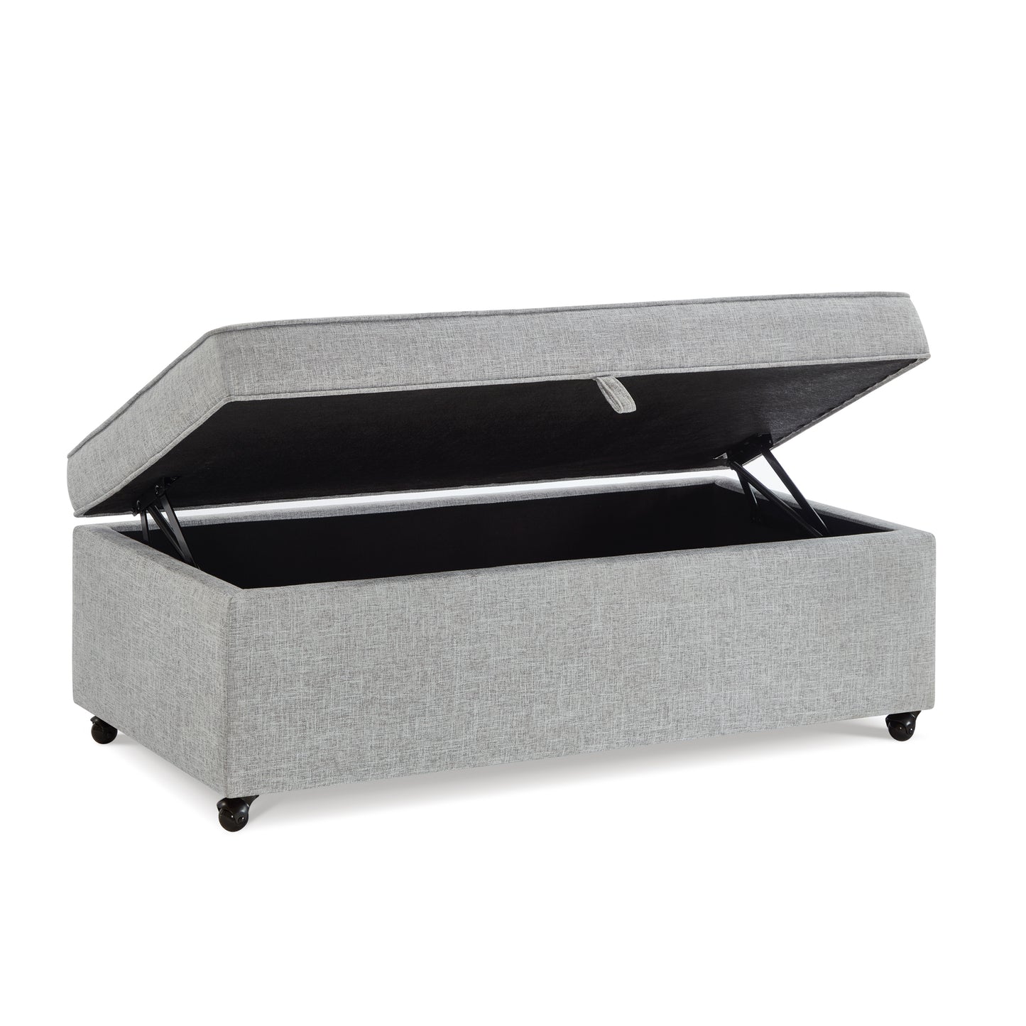 Grey upholstered storage ottoman with wheels and open lid